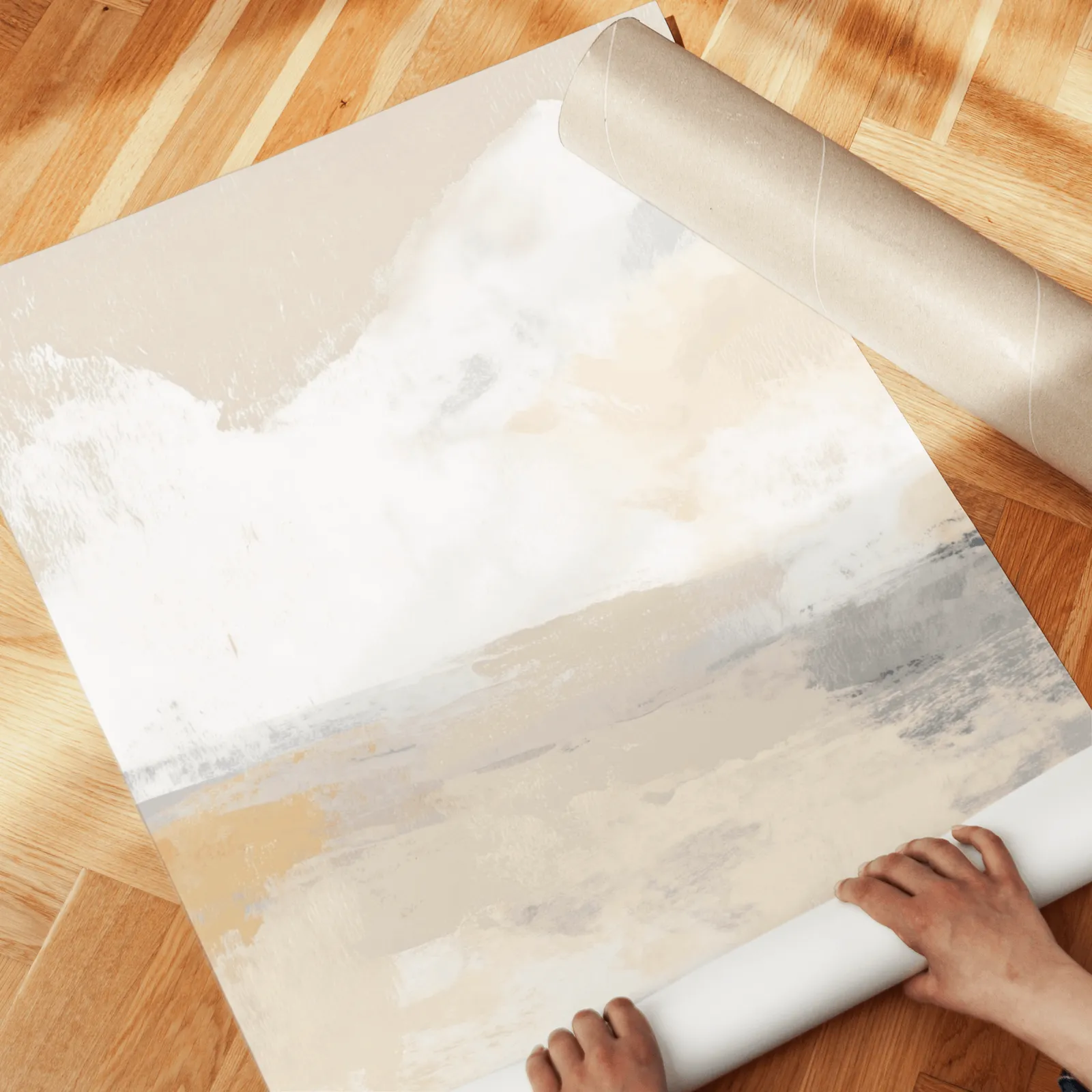 terracotta and blue abstract landscape wall art set of 3, unrolled across a herringbone wood floor by hand