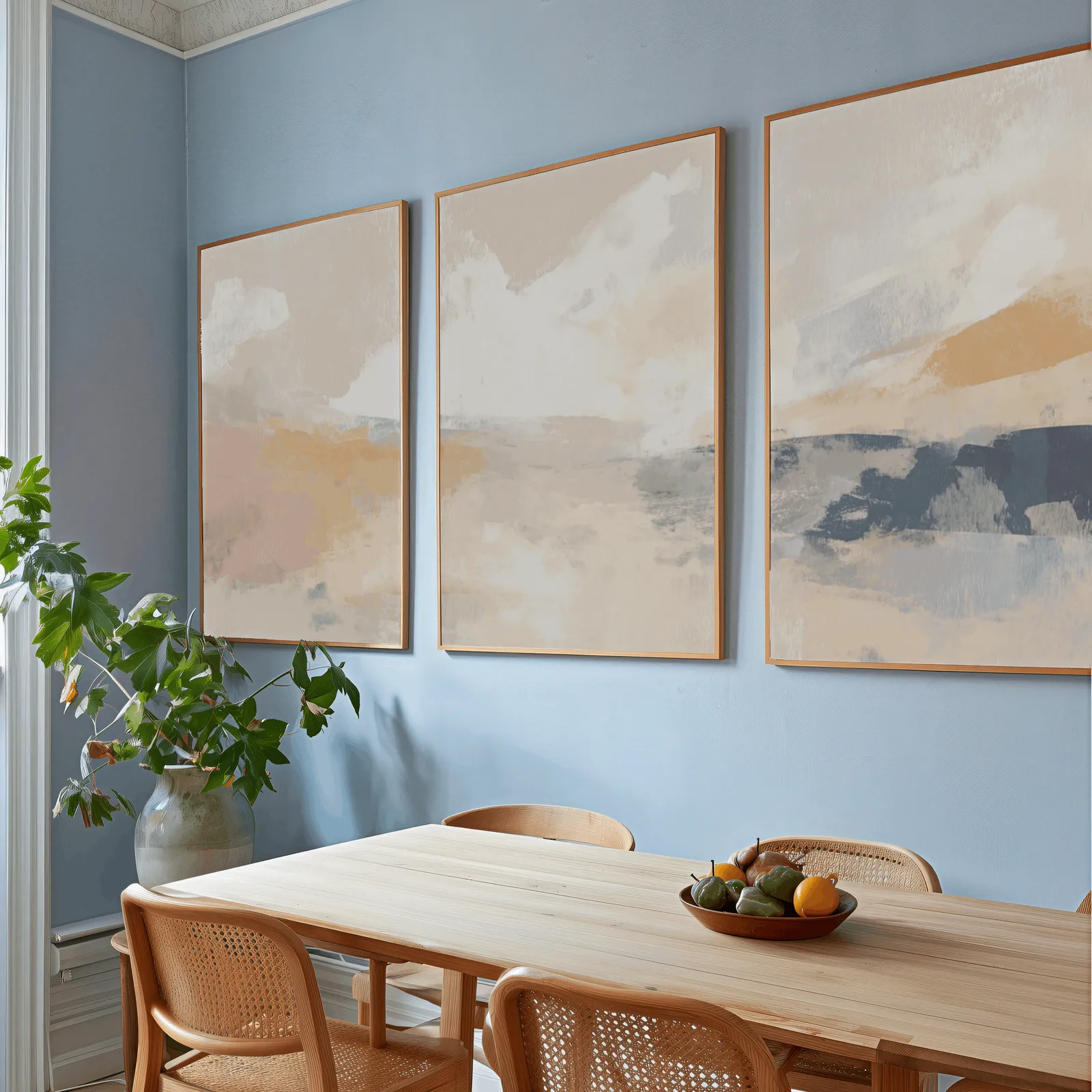 terracotta and blue abstract landscape wall art set of 3, above a wooden dining table with cane chairs and a fruit bowl