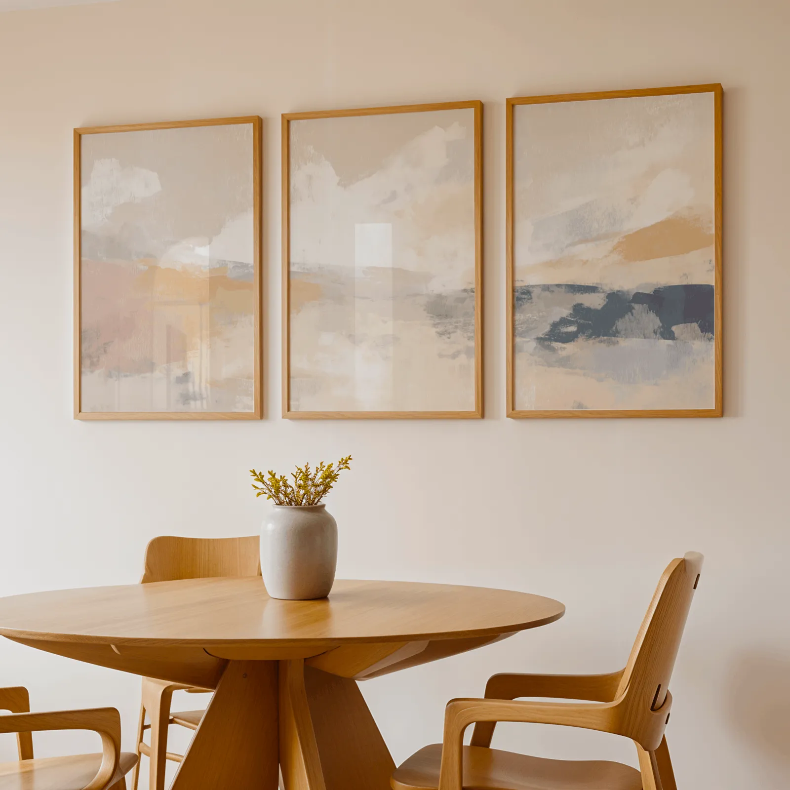 terracotta and blue abstract landscape wall art set of 3, above a round wooden table with a stoneware vase