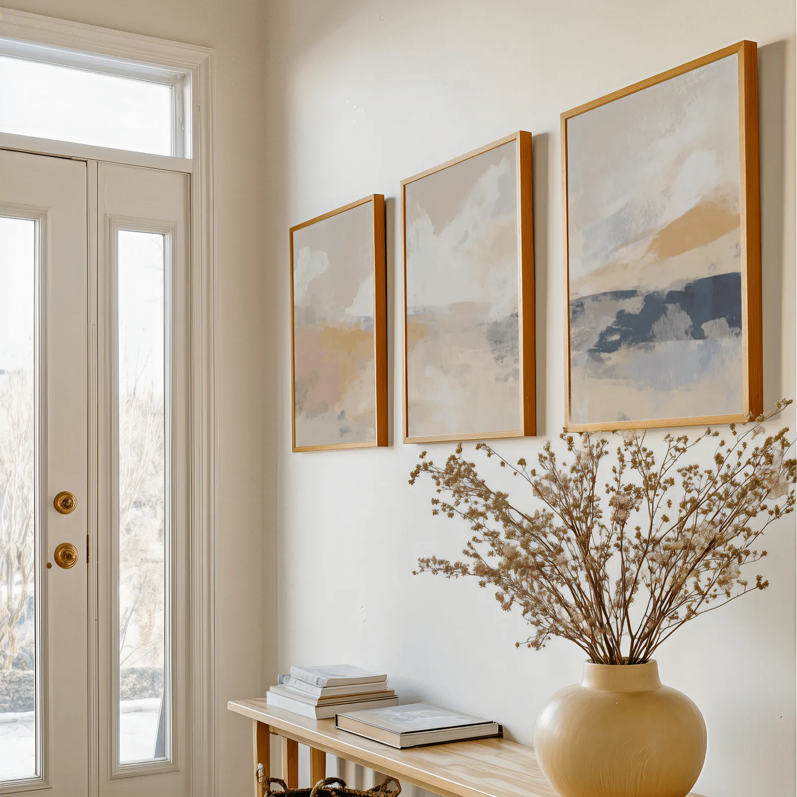 terracotta and blue abstract landscape wall art set of 3, above a console table with a yellow vase of dried branches