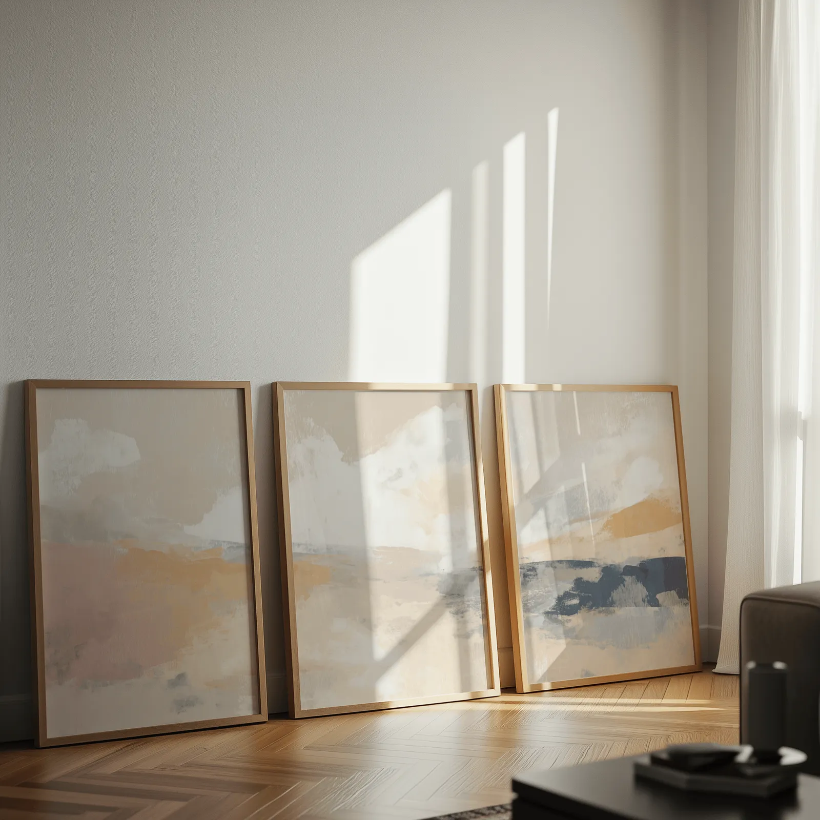 terracotta and blue abstract landscape wall art set of 3, leaning against a sunlit wall on herringbone flooring
