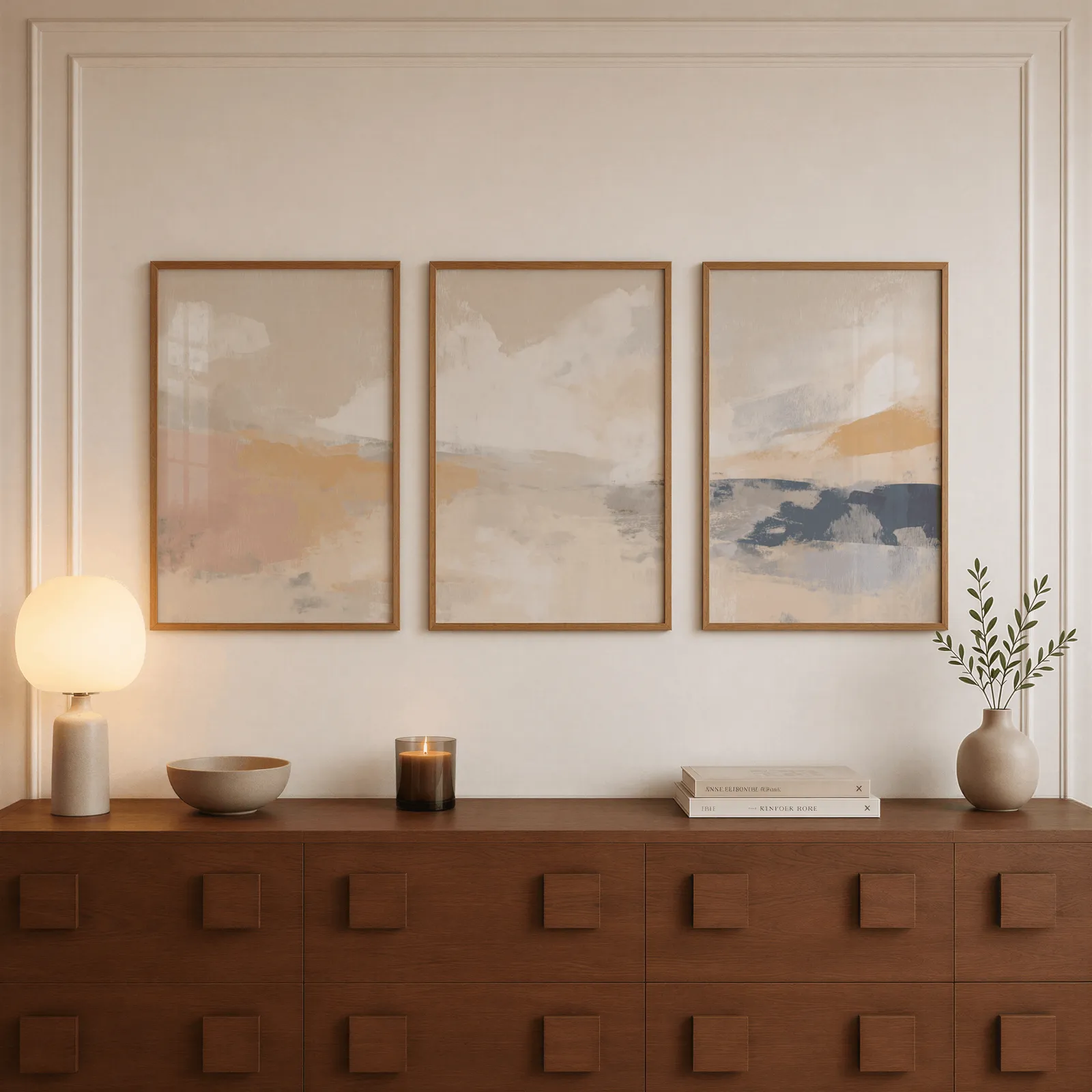 terracotta and blue abstract landscape wall art set of 3, above a walnut sideboard with a lit candle and glowing lamp