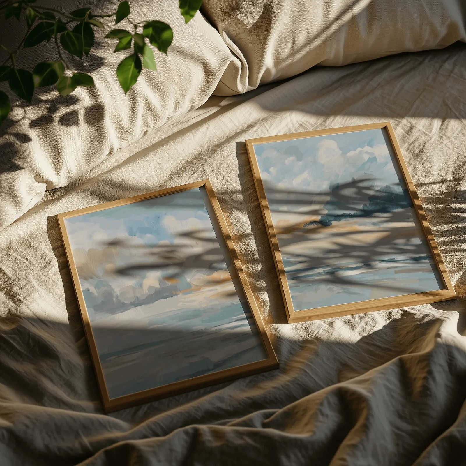 blue and orange coastal sky wall art set of two, resting on rumpled linen sheets with dappled leaf shadows