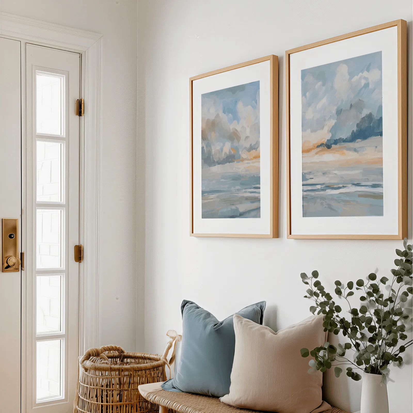 blue and orange coastal sky wall art set of two, above a bench with blue and blush pillows near the entry door