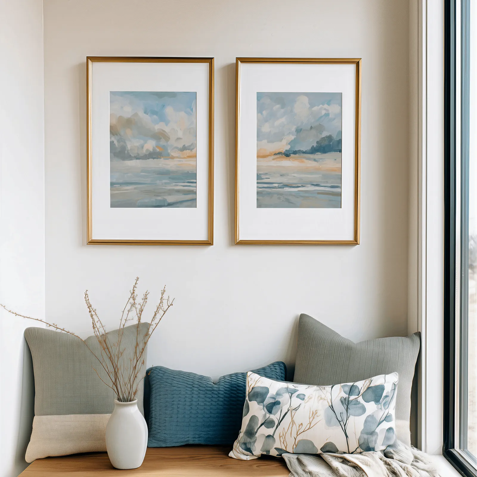 blue and orange coastal sky wall art set of two, above a cushioned window seat with sage and blue pillows