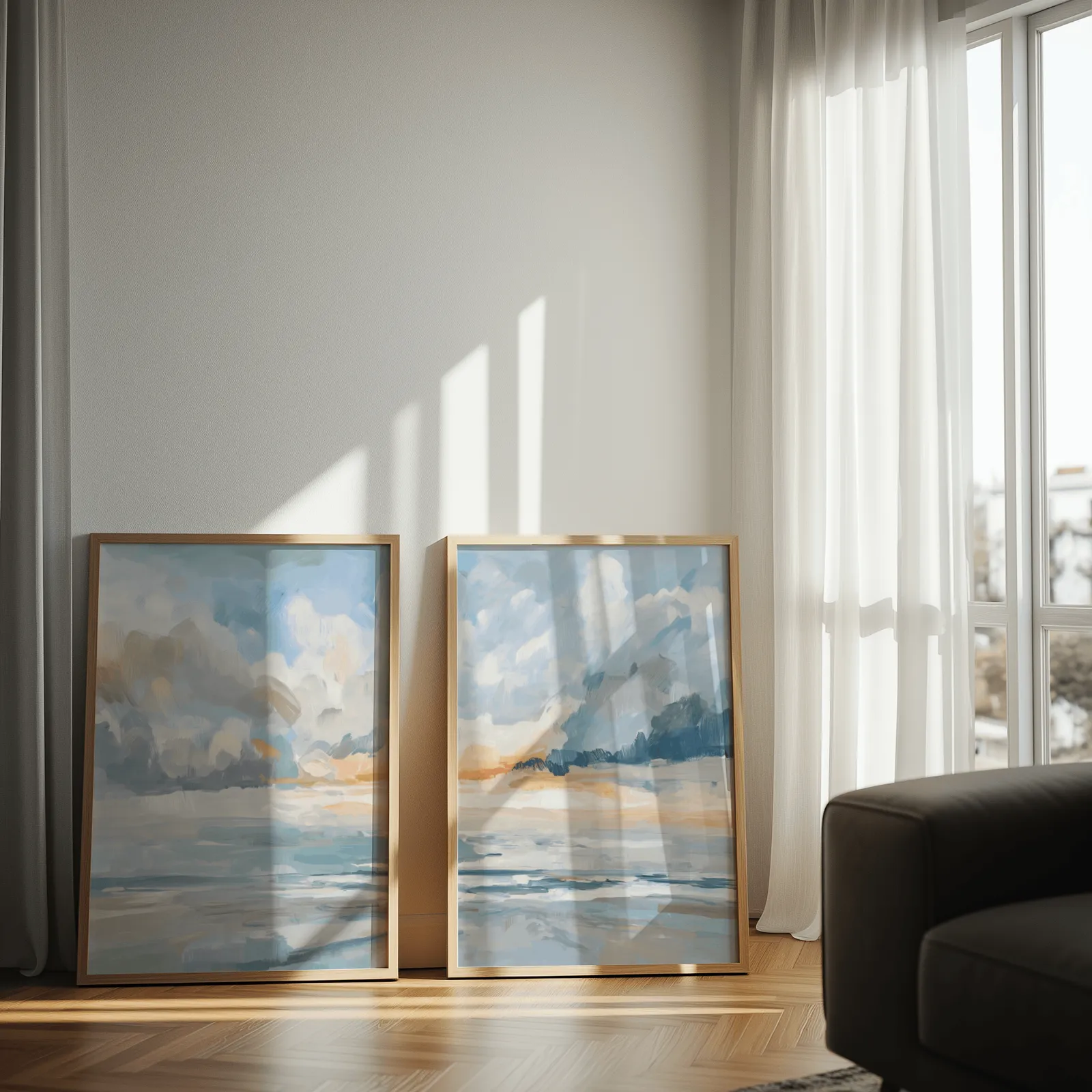blue and orange coastal sky wall art set of two, leaning against a sunlit wall by sheer curtains