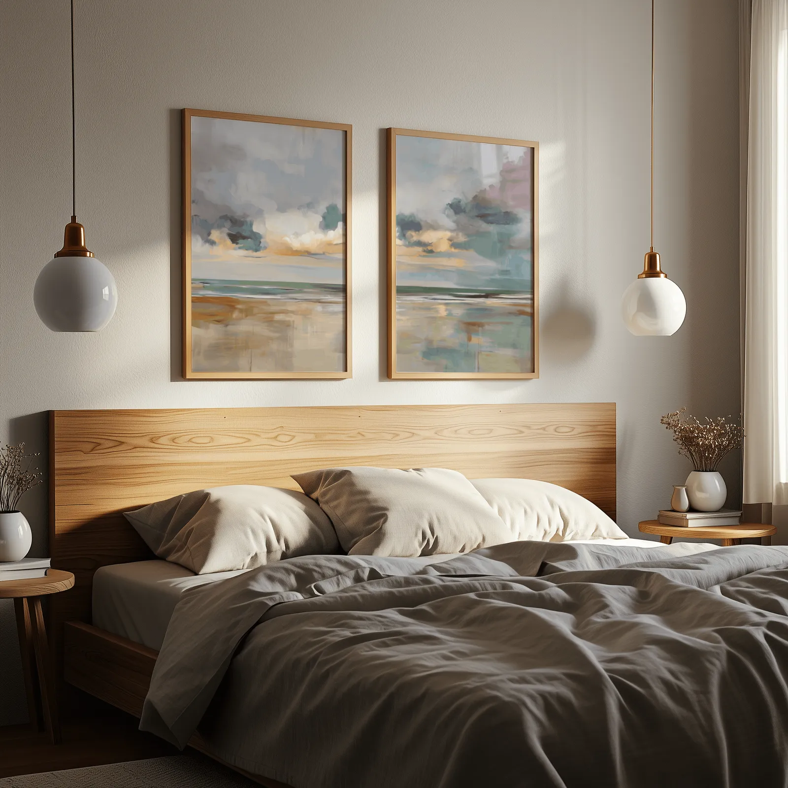 coastal sky wall art set of 2, above a wooden headboard flanked by globe pendant lights
