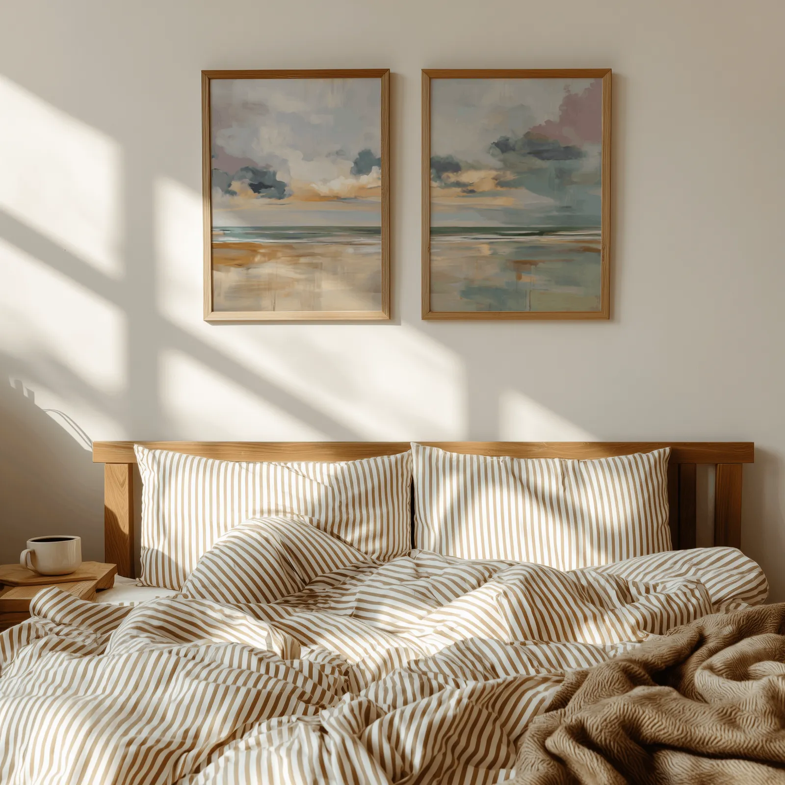 coastal sky wall art set of 2, above a wooden headboard with striped bedding and raking sunlight