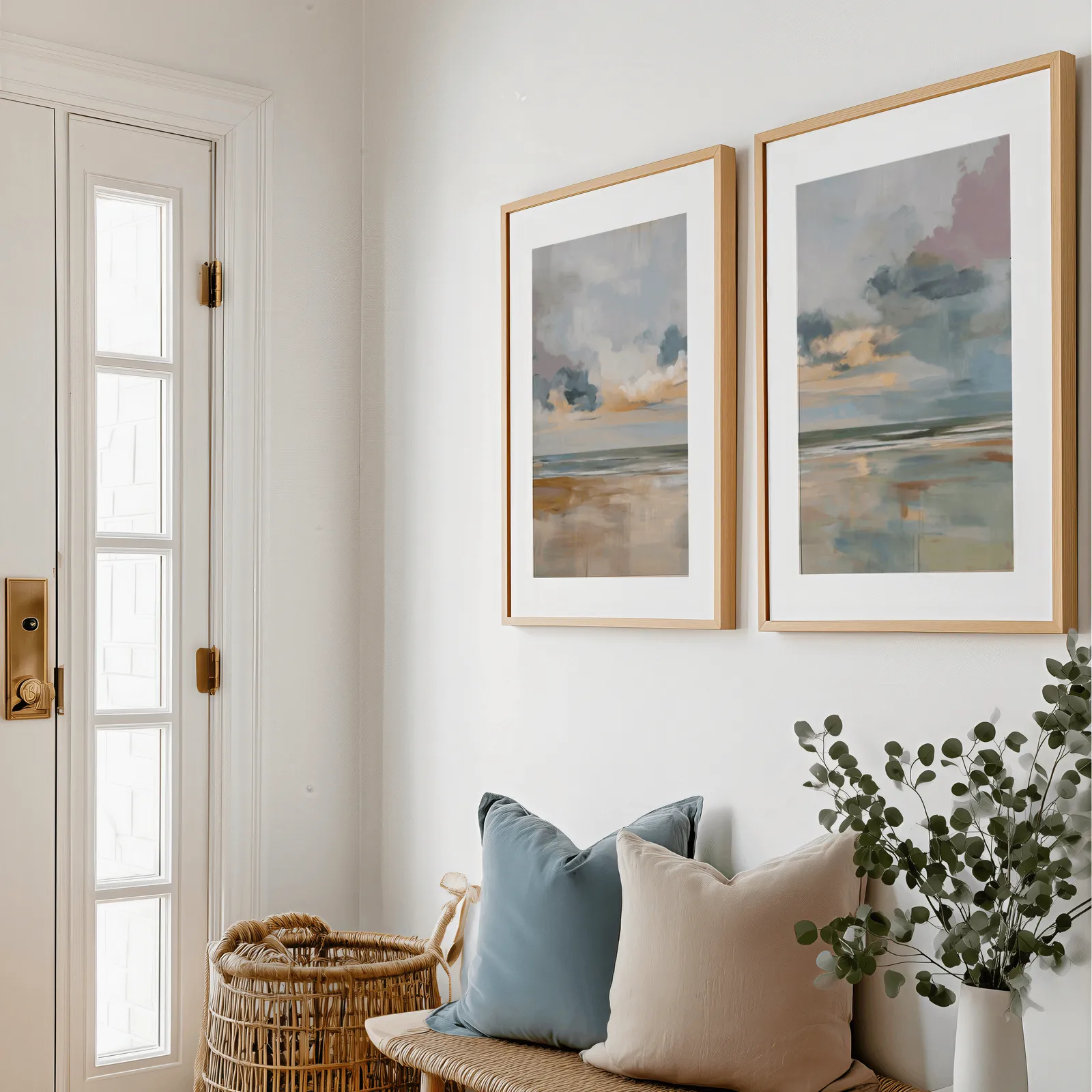 coastal sky wall art set of 2, above a bench with blue and blush pillows near the entry door