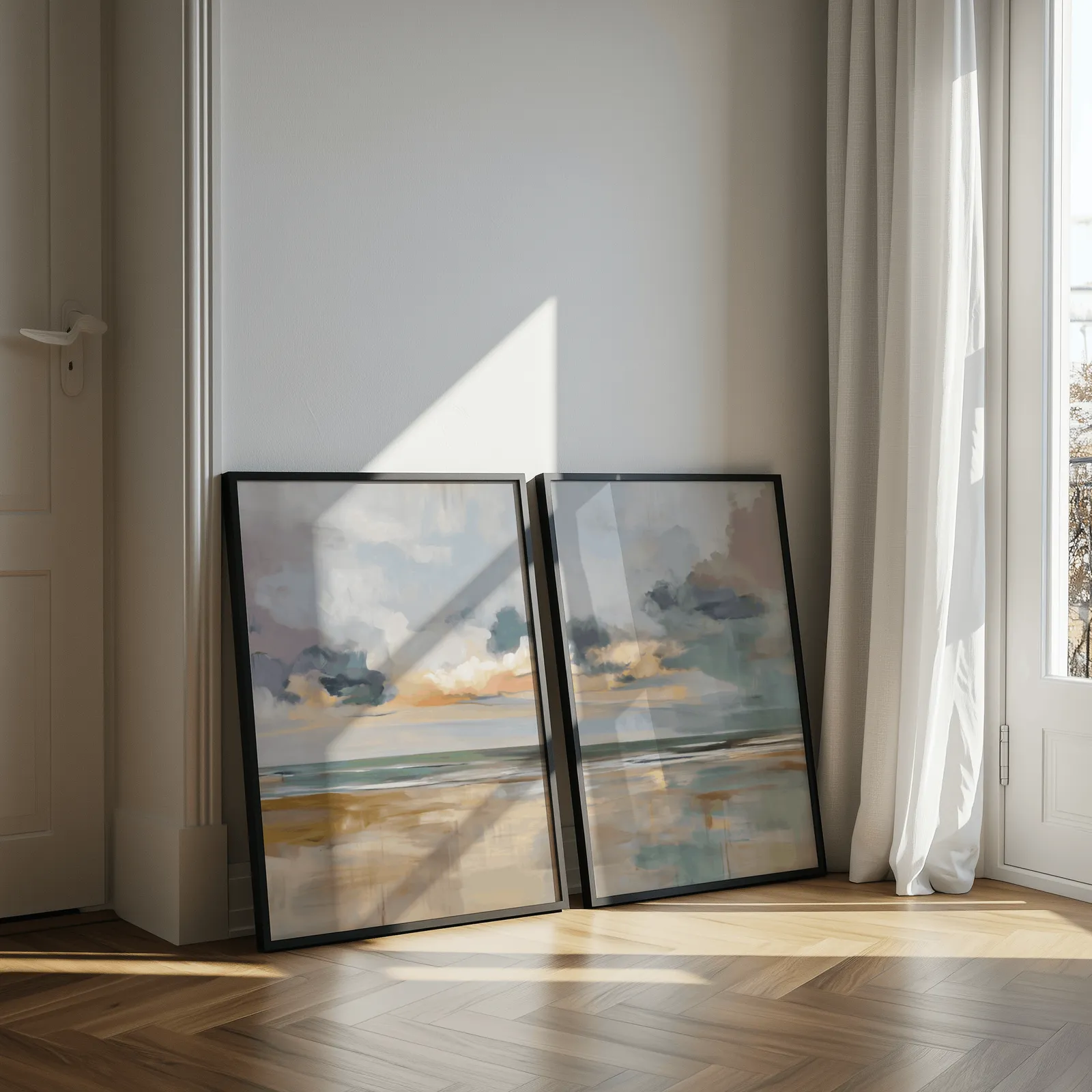 coastal sky wall art set of 2, leaning against a sunlit wall by herringbone floor and sheer curtains