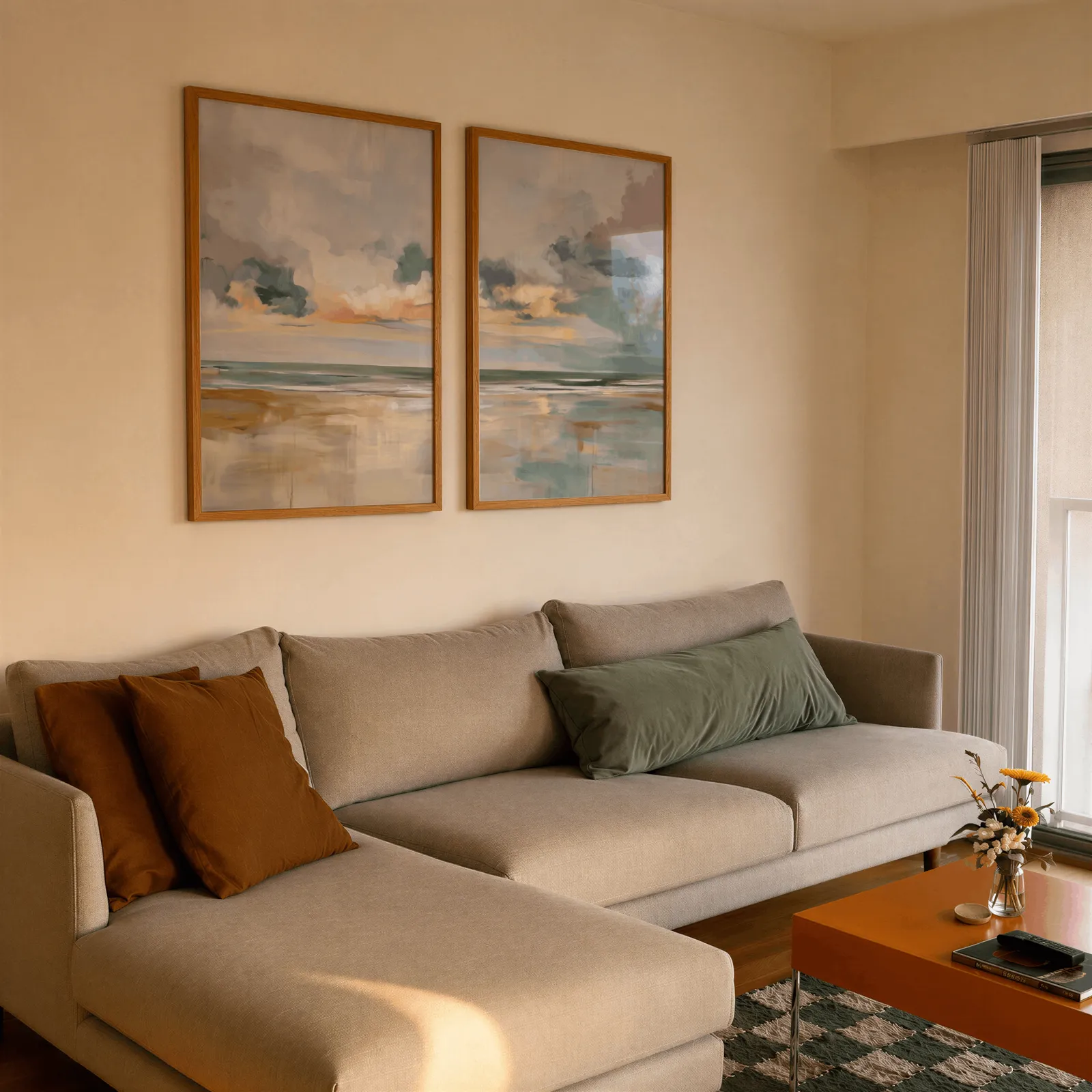 coastal sky wall art set of 2, side by side above a beige sectional sofa