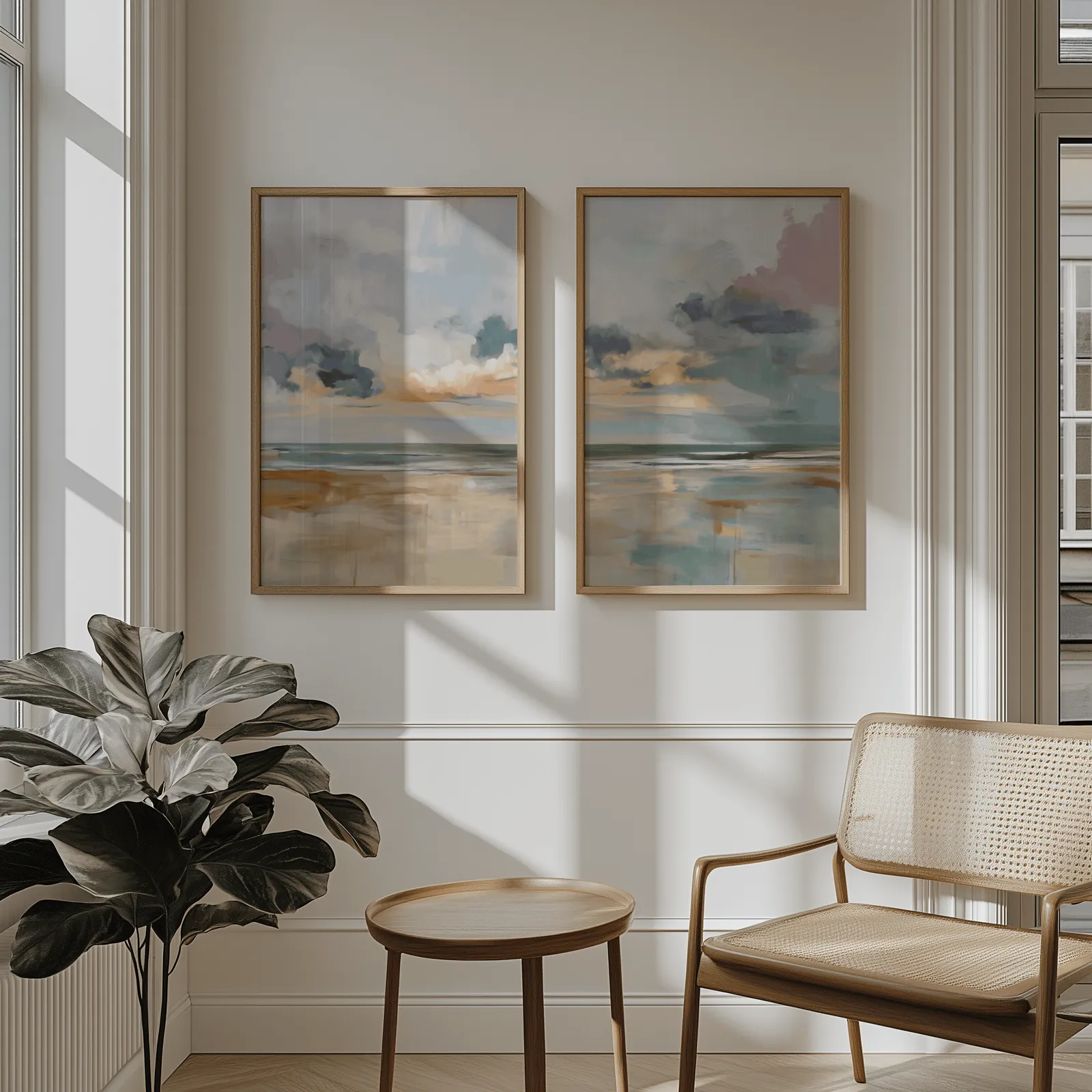 coastal sky wall art set of 2, above wainscoting beside a cane armchair and fiddle-leaf fig