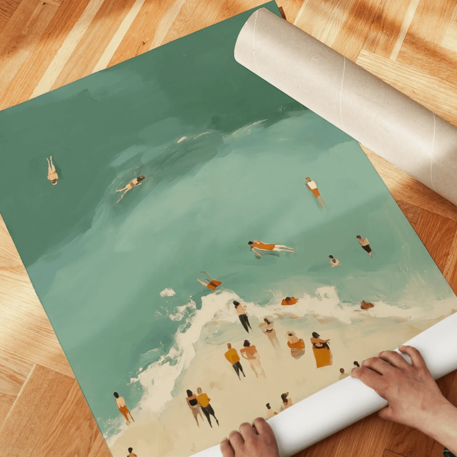 green coastal beach wall art set of two with swimmers, unrolled across a herringbone parquet floor by hand