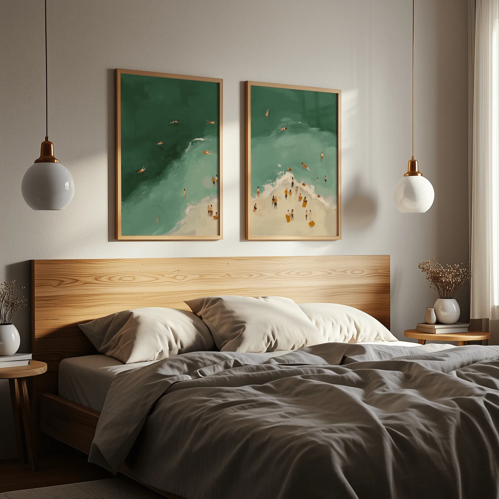 green coastal beach wall art set of two with swimmers, above a wooden headboard flanked by globe pendant lights