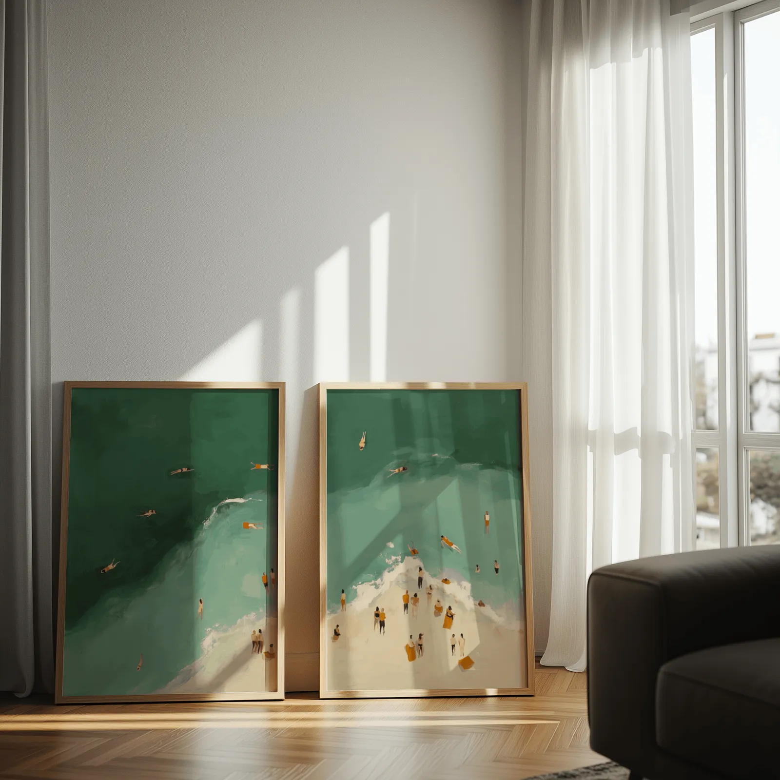 green coastal beach wall art set of two with swimmers, leaning against a sunlit wall by sheer curtains