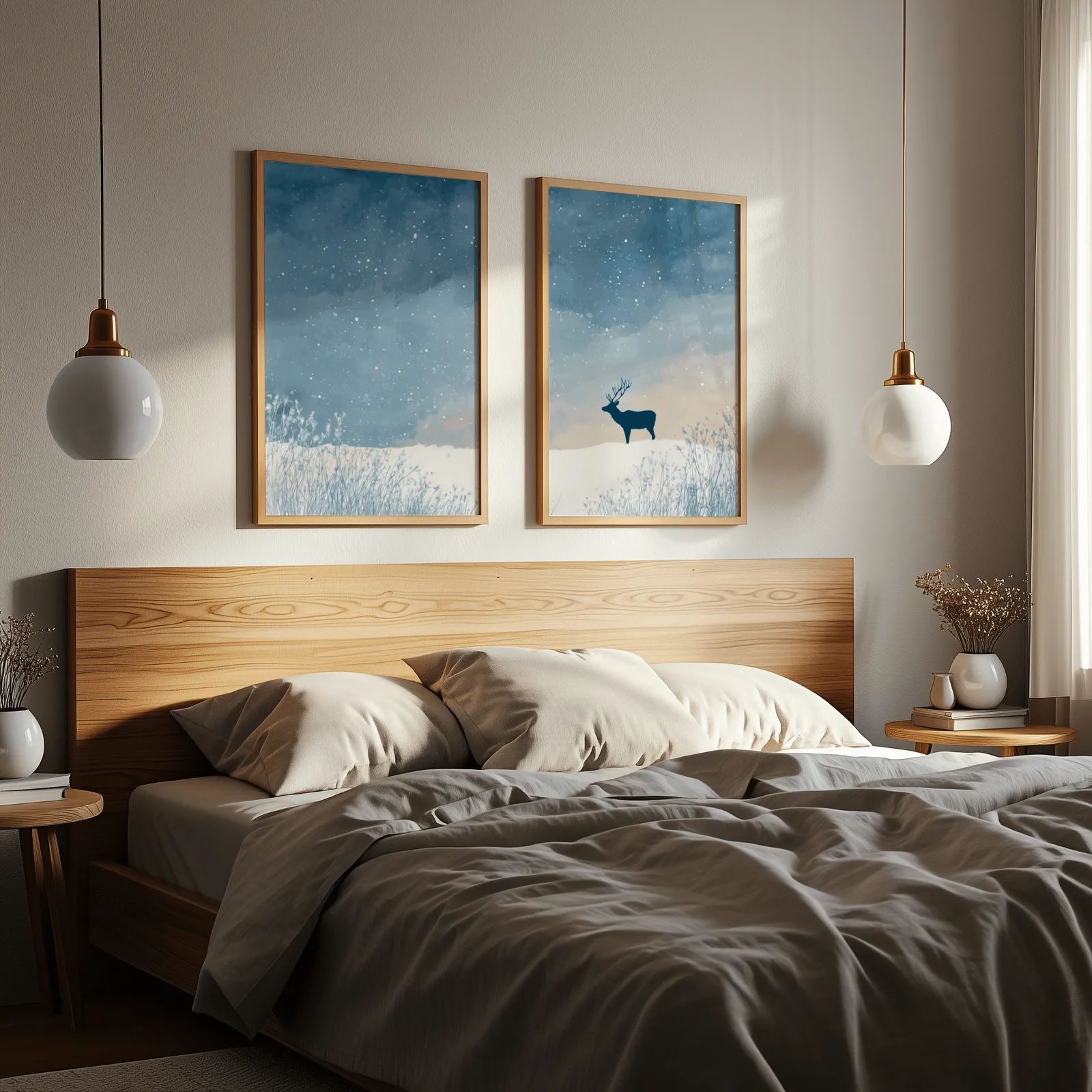 blue winter landscape wall art set with deer silhouette, above a wooden headboard flanked by globe pendant lights