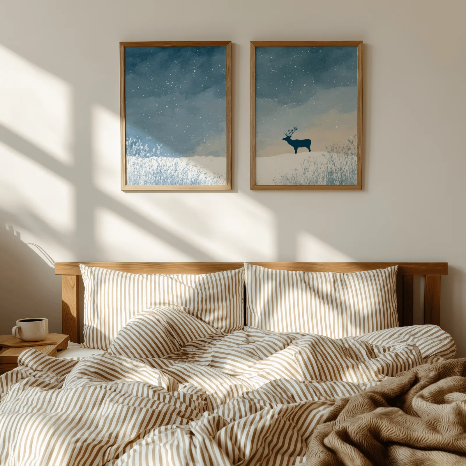 blue winter landscape wall art set with deer silhouette, above a wooden headboard with striped bedding and raking sunlight
