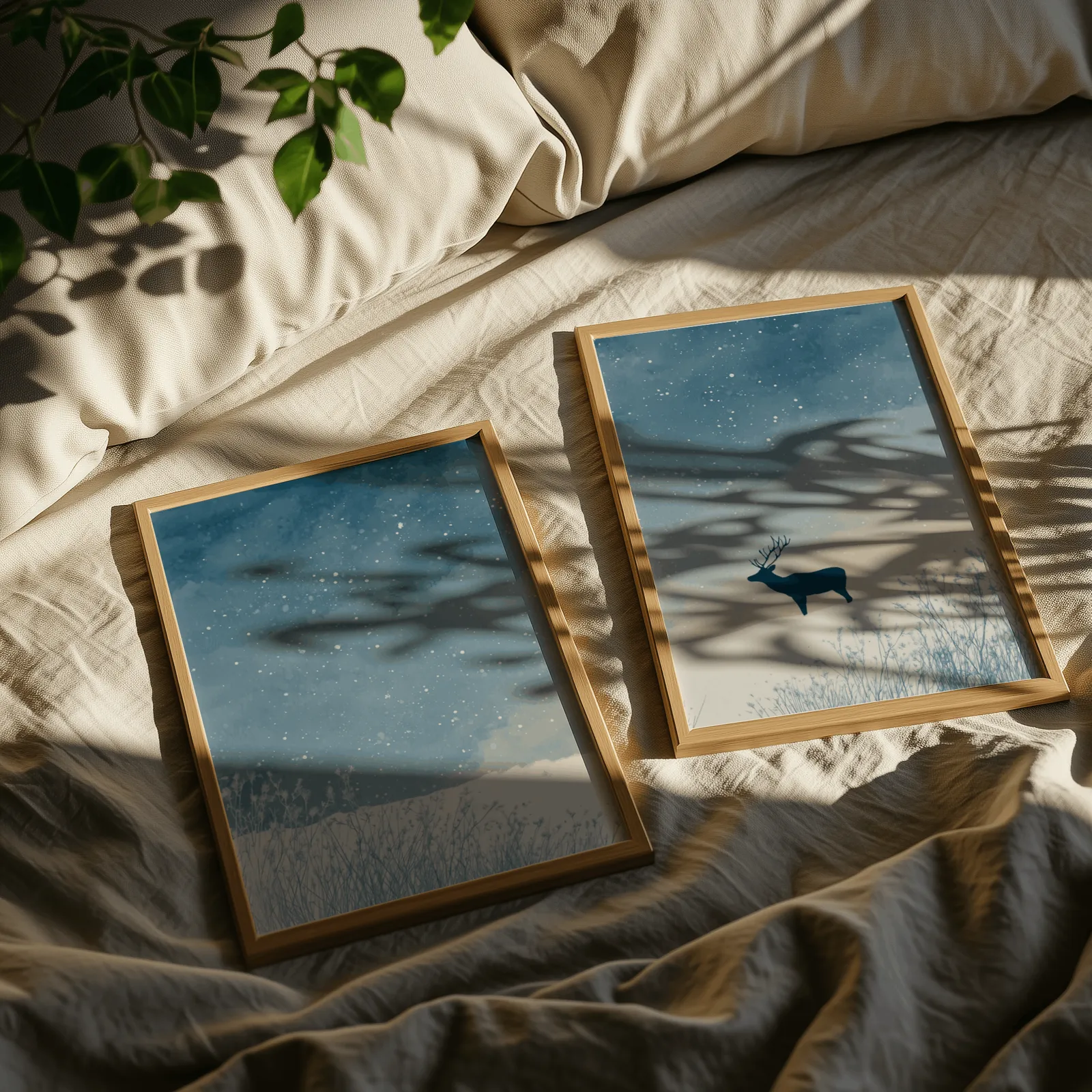 blue winter landscape wall art set with deer silhouette, resting on rumpled linen sheets with dappled leaf shadows
