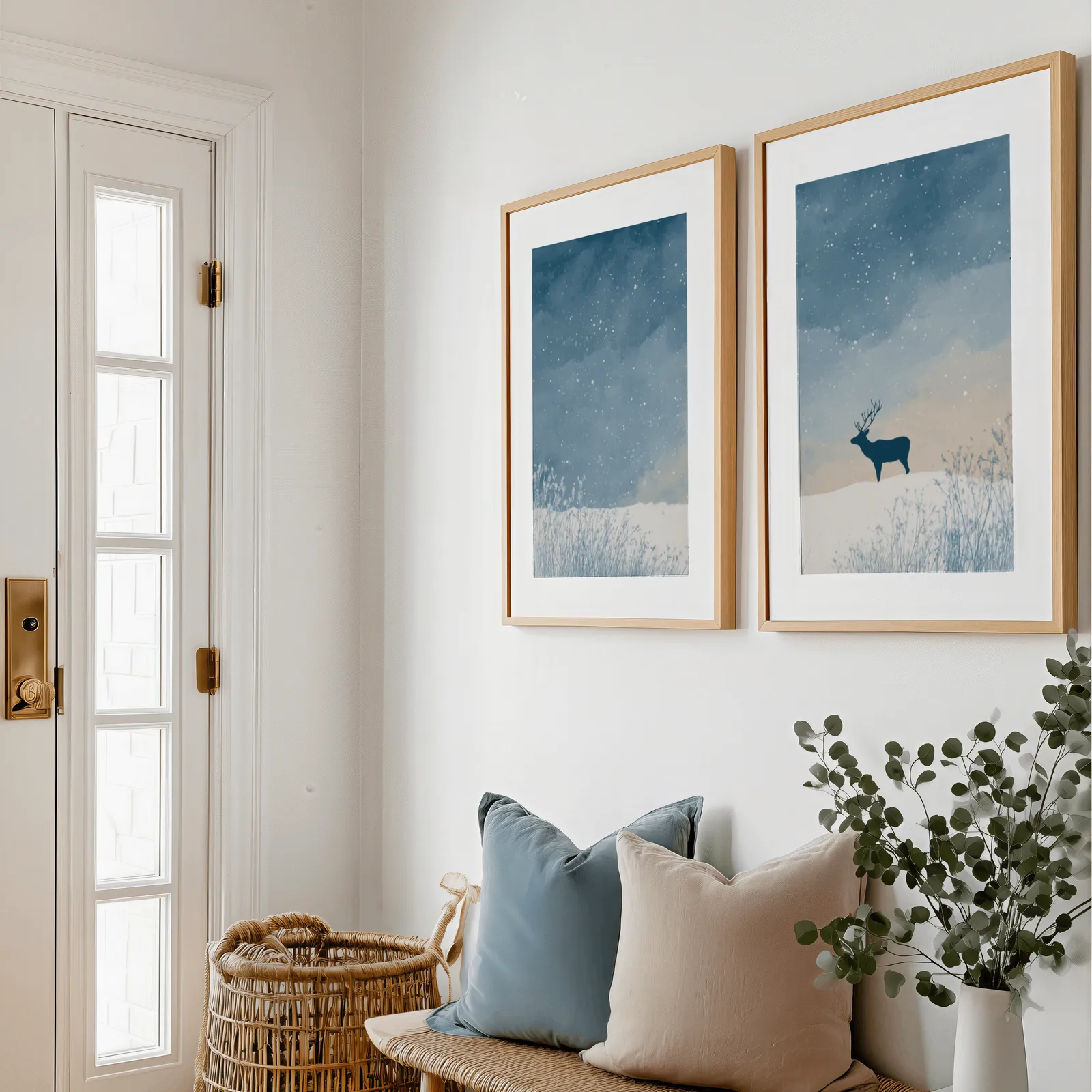 blue winter landscape wall art set with deer silhouette, above a bench with blue and blush pillows near the entry door