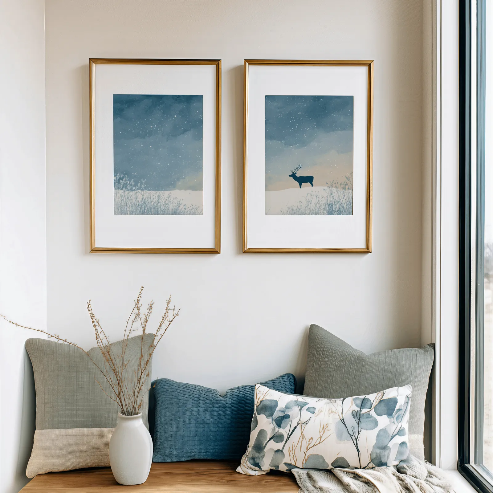 blue winter landscape wall art set with deer silhouette, above a cushioned window seat with sage and blue pillows