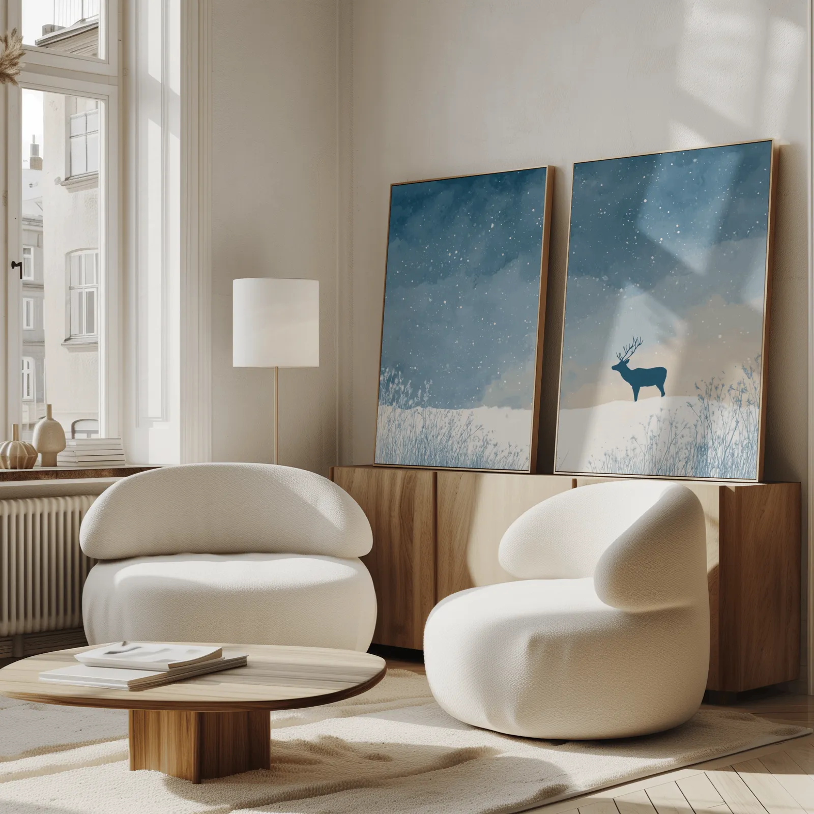 blue winter landscape wall art set with deer silhouette, propped against a wooden sideboard beside boucle armchairs