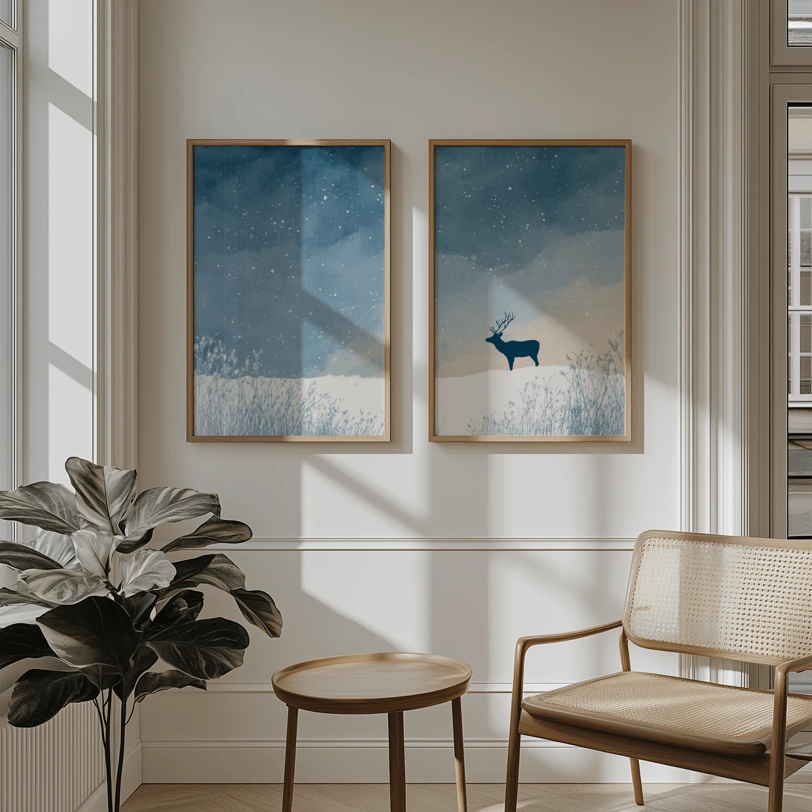 blue winter landscape wall art set with deer silhouette, above wainscoting beside a cane armchair and fiddle-leaf fig