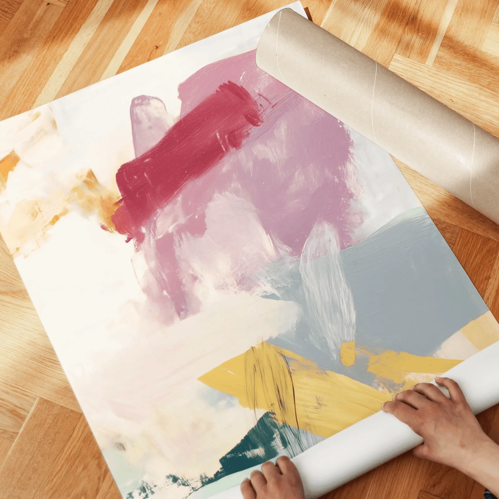colorful abstract wall art set of 2, unrolled across a herringbone parquet floor by hand