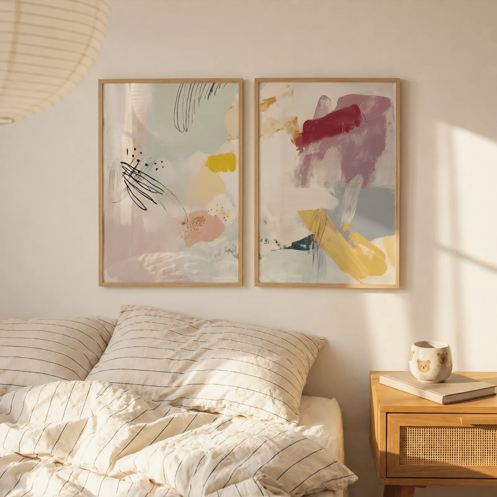 colorful abstract wall art set of 2, above a striped linen bed beside a paper lantern shade
