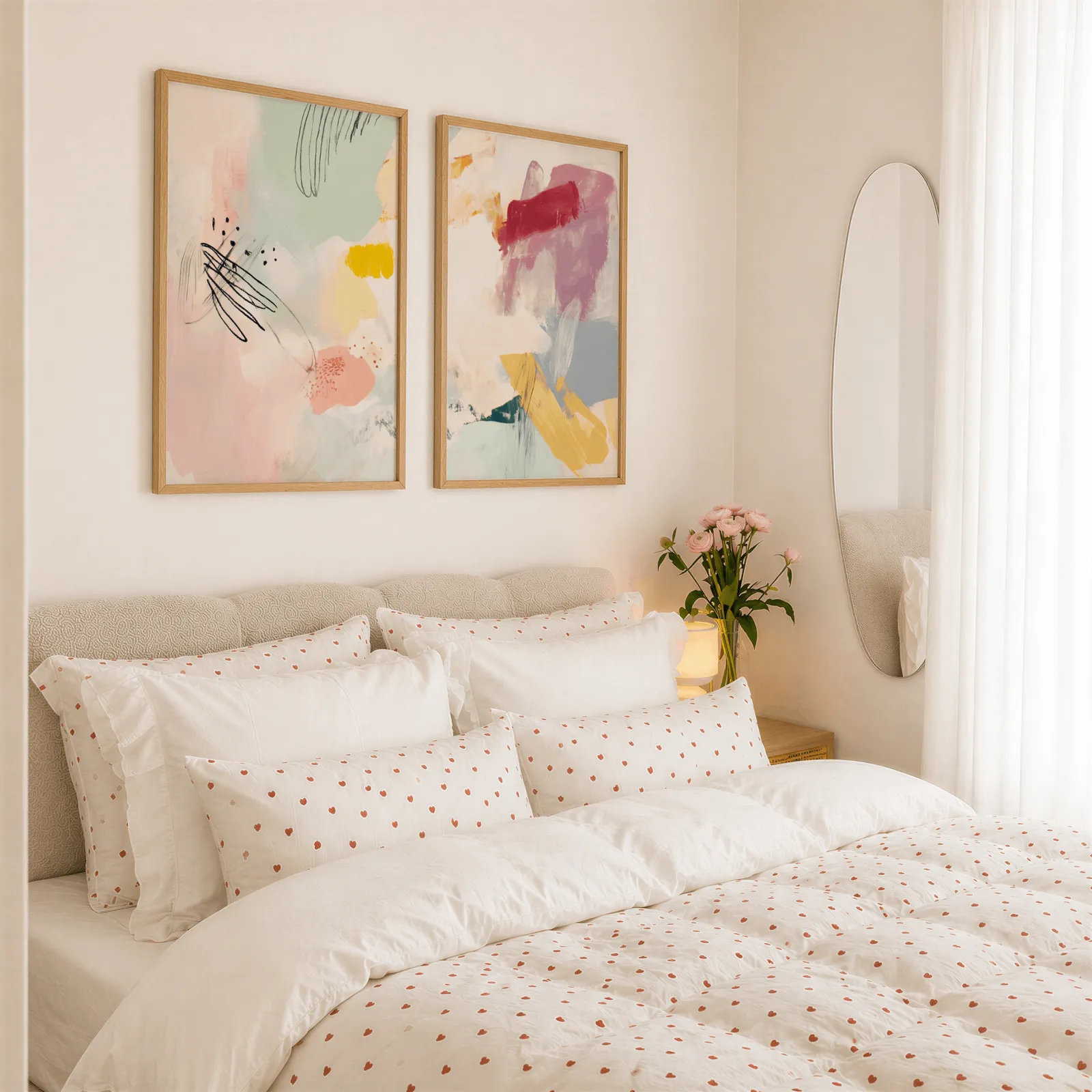 colorful abstract wall art set of 2, above a tufted headboard piled with heart-print pillows