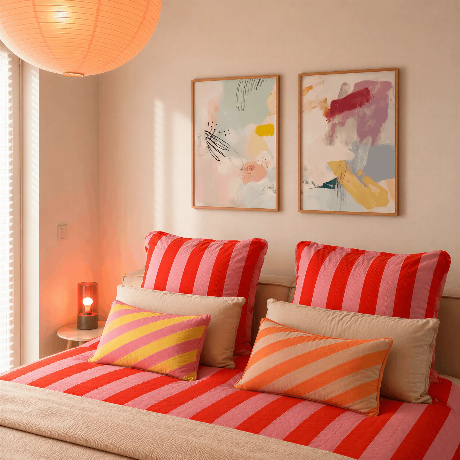 colorful abstract wall art set of 2, above a bed piled with red and pink striped pillows