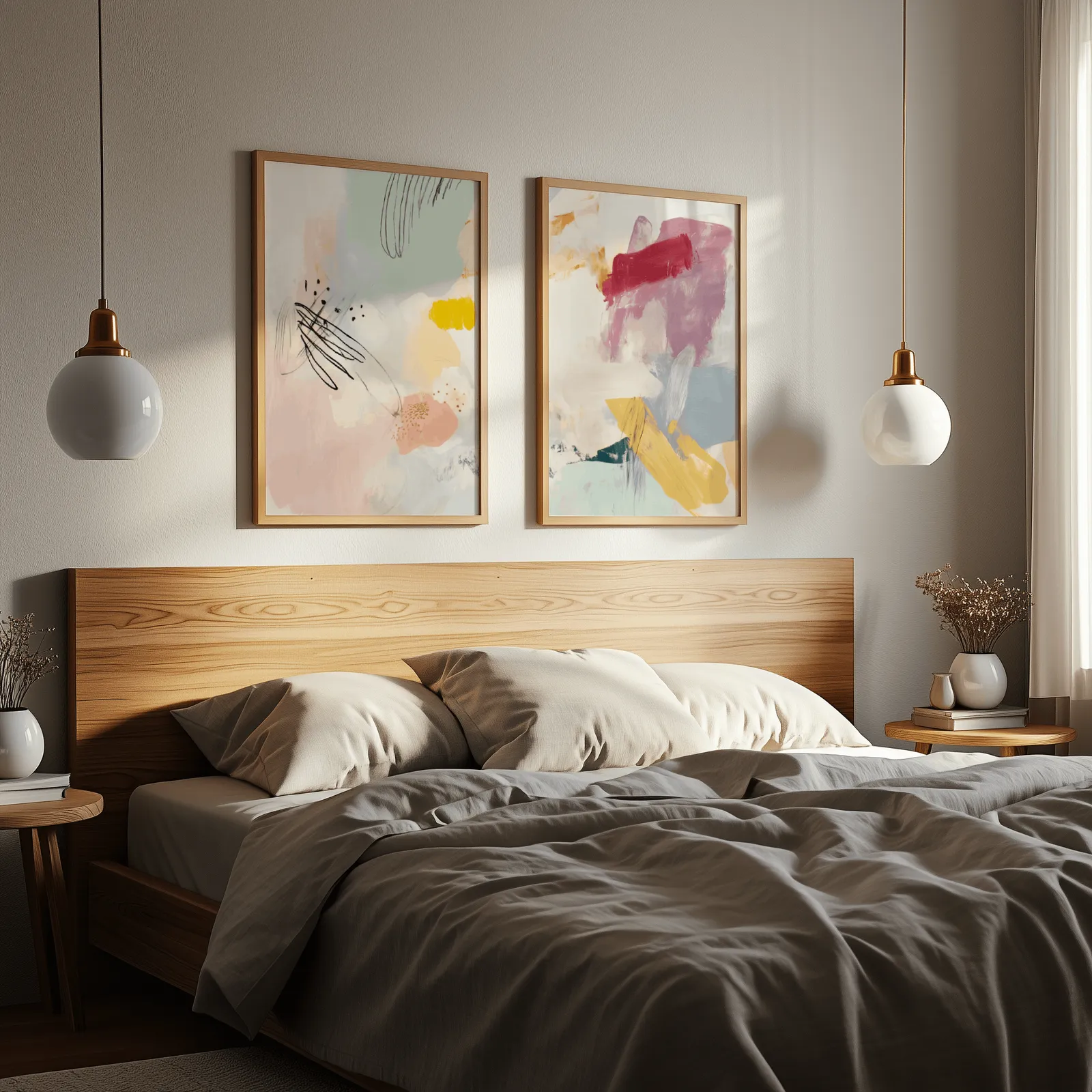 colorful abstract wall art set of 2, above a wooden headboard flanked by globe pendant lights