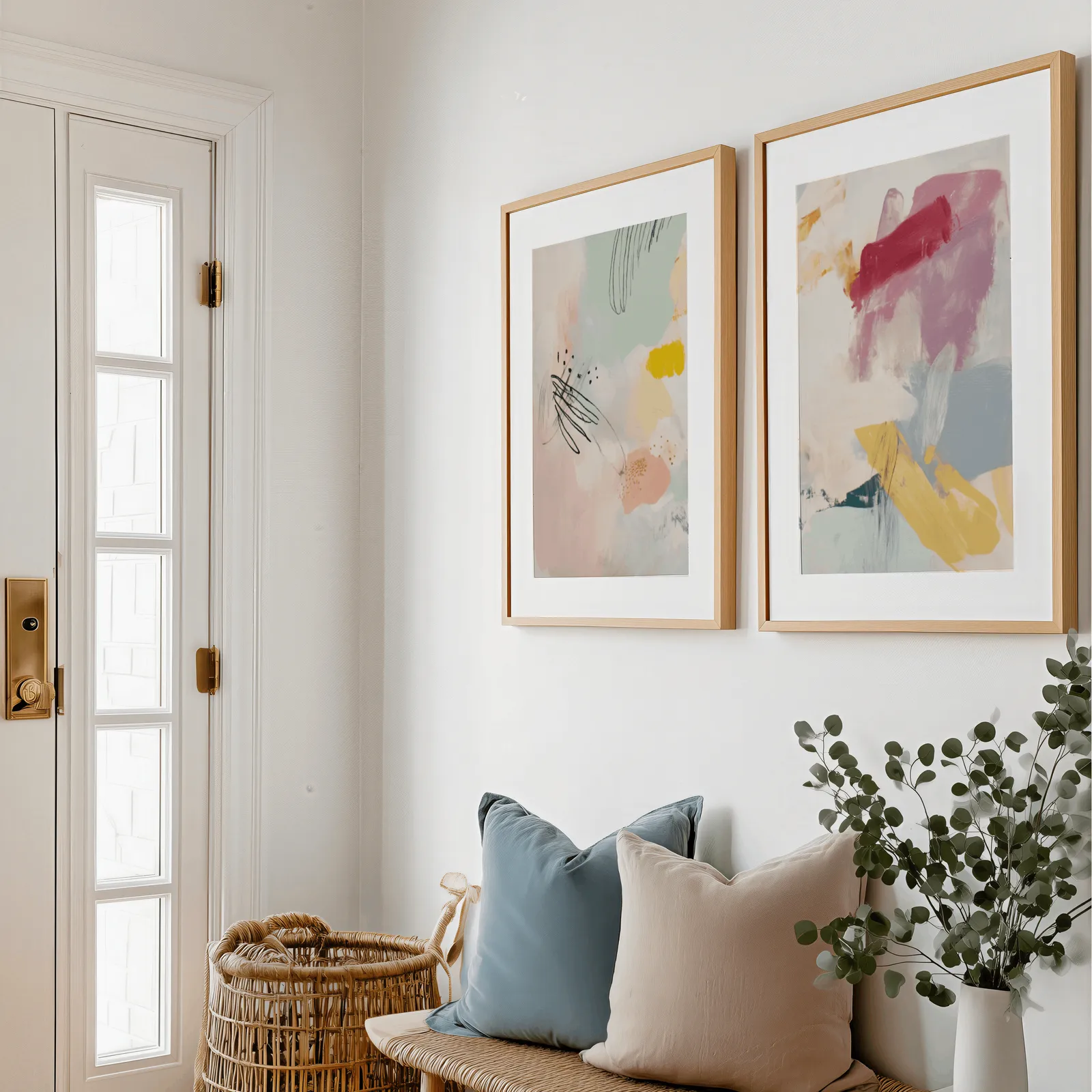 colorful abstract wall art set of 2, above a bench with blue and blush pillows near the entry door