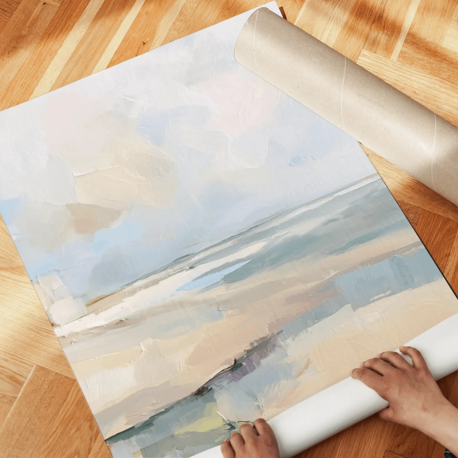 pink and blue coastal abstract wall art set of two, unrolled across a herringbone parquet floor by hand