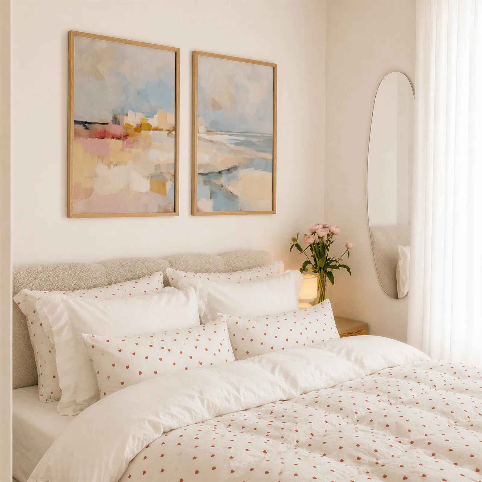 pink and blue coastal abstract wall art set of two, above a tufted headboard piled with heart-print pillows