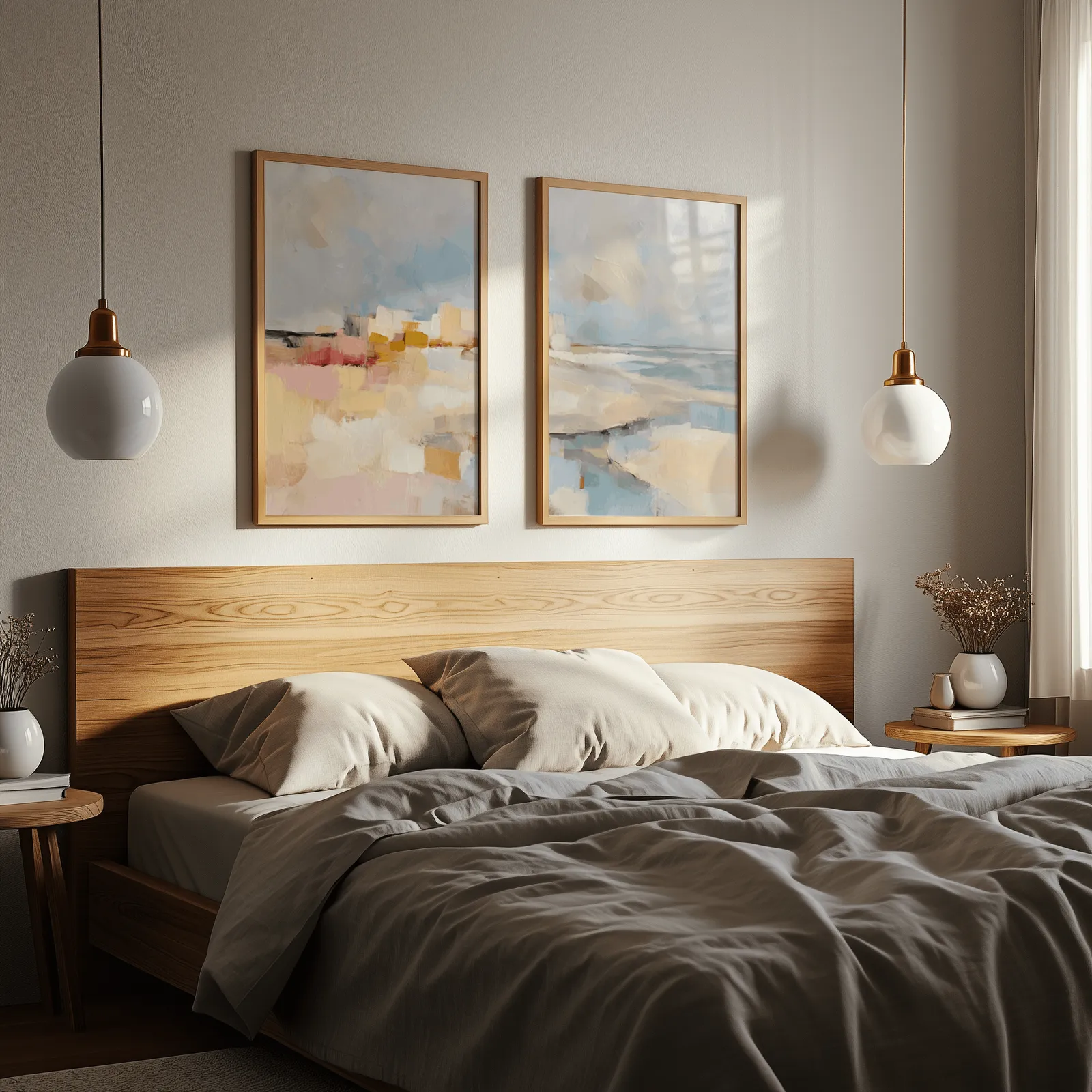 pink and blue coastal abstract wall art set of two, above a wooden headboard flanked by globe pendant lights