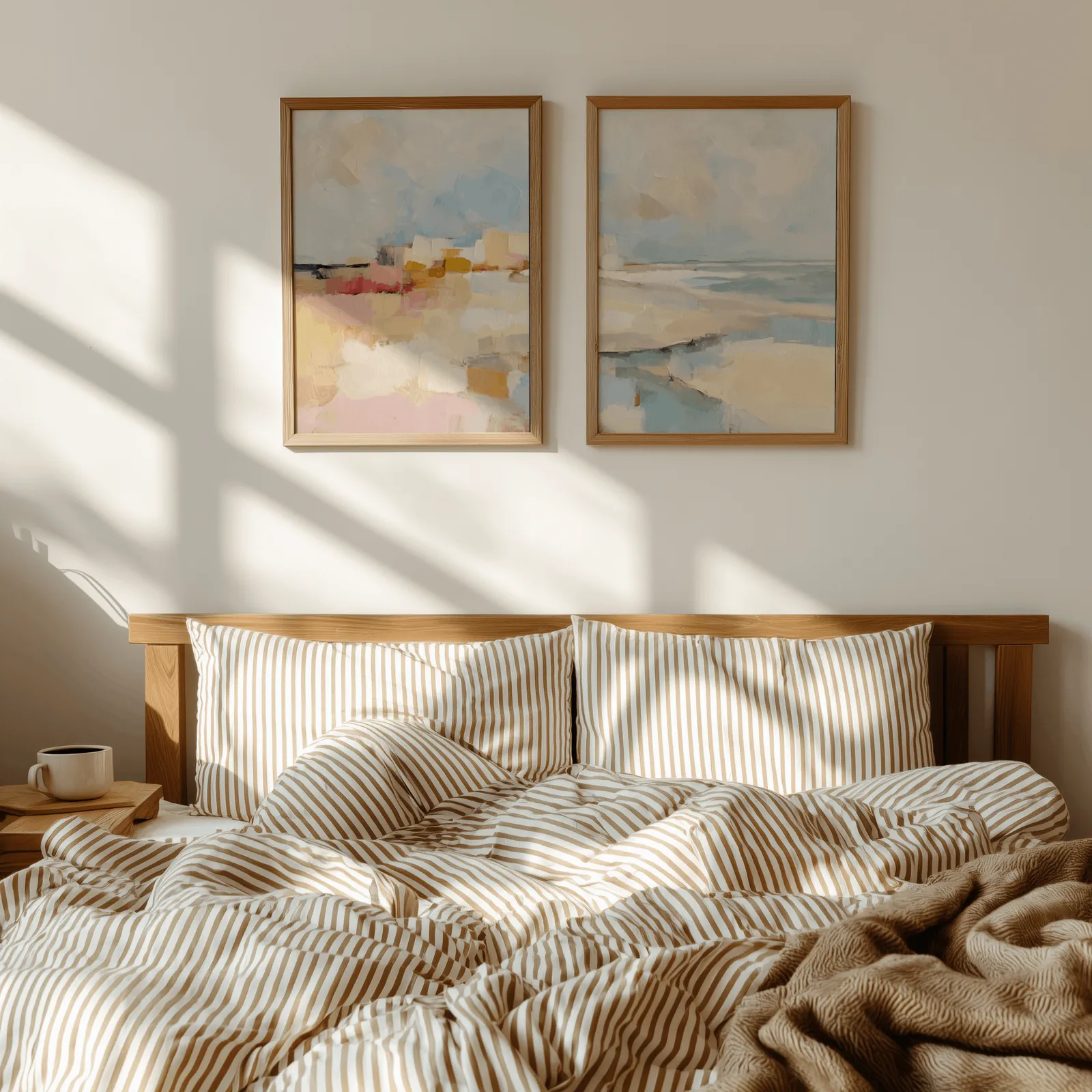 pink and blue coastal abstract wall art set of two, above a wooden headboard with striped bedding and raking sunlight