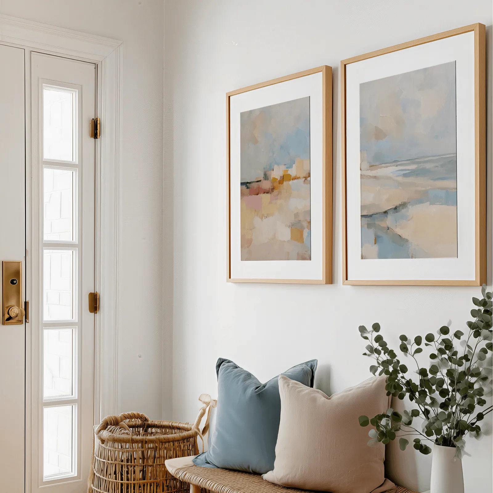 pink and blue coastal abstract wall art set of two, above a bench with blue and blush pillows near the entry door
