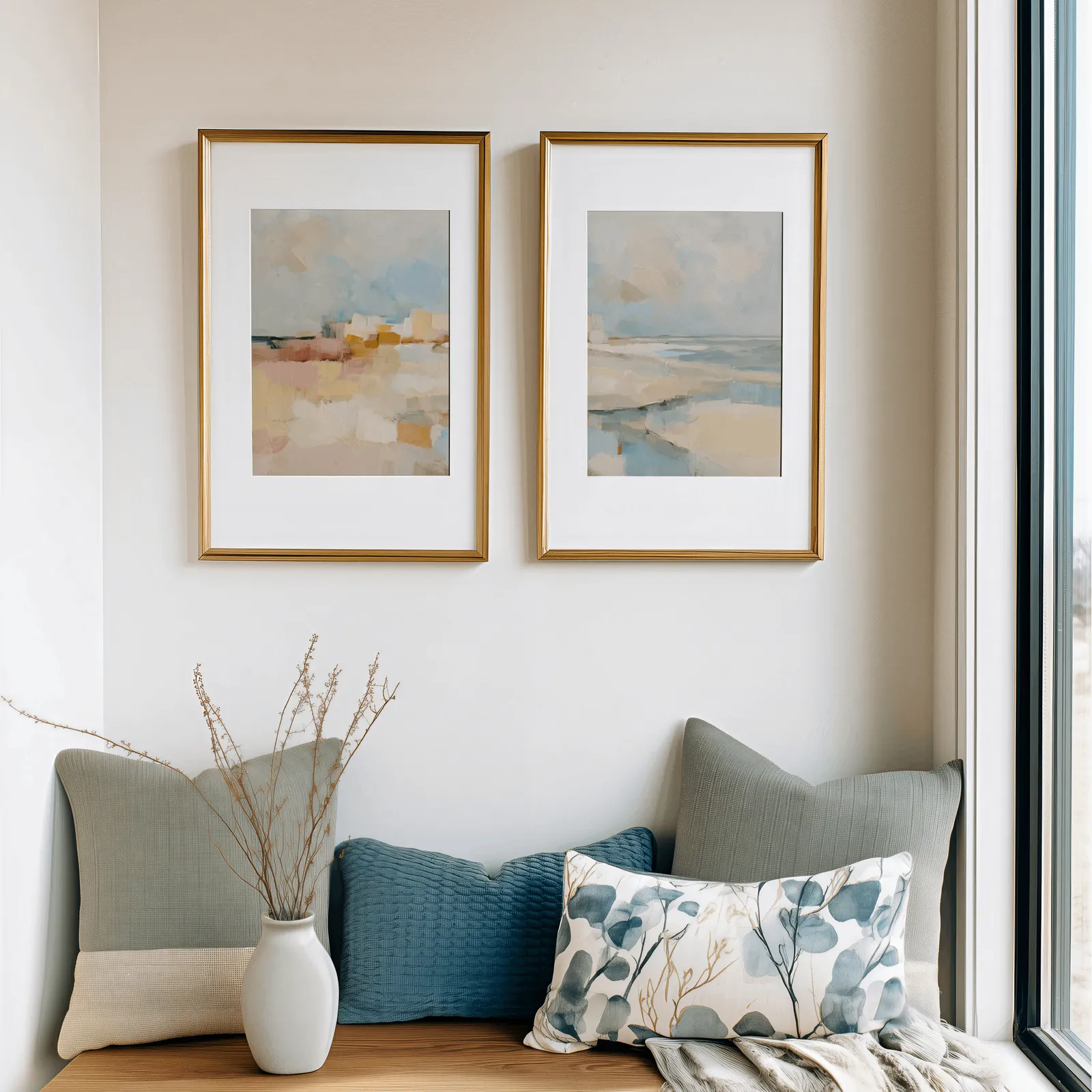 pink and blue coastal abstract wall art set of two, above a cushioned window seat with sage and blue pillows