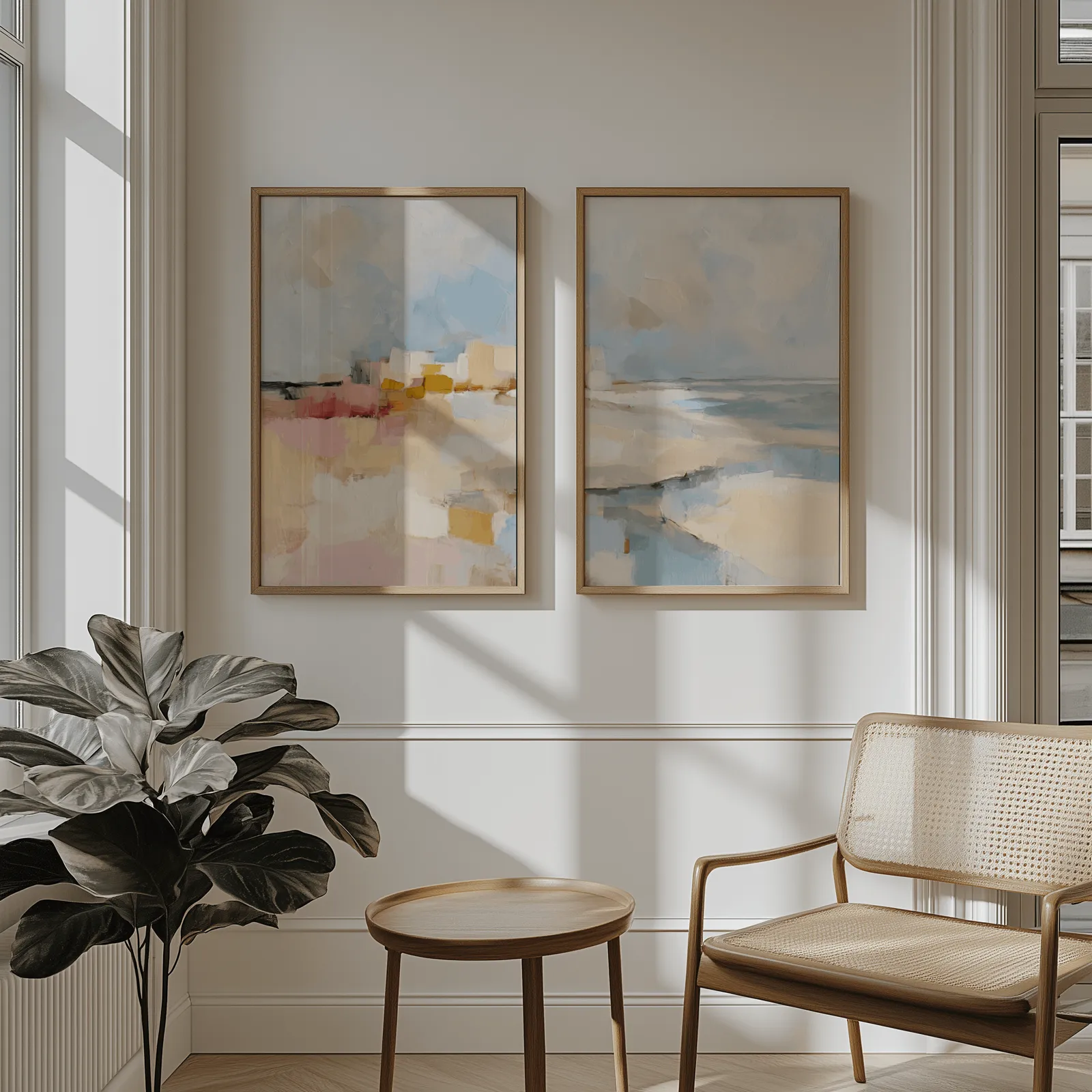 pink and blue coastal abstract wall art set of two, above wainscoting beside a cane armchair and fiddle-leaf fig