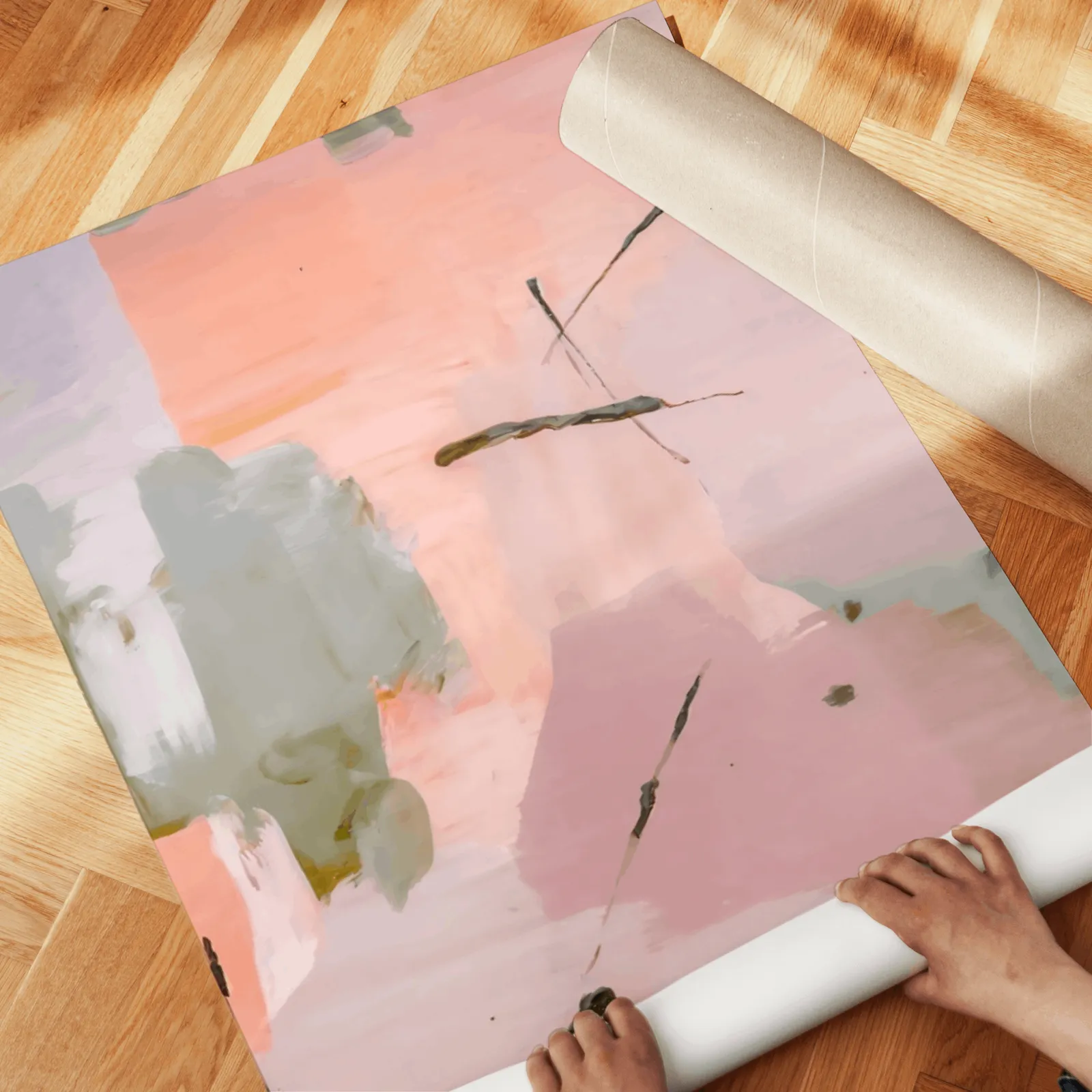 pink and green abstract wall art set of two, unrolled across a herringbone parquet floor by hand