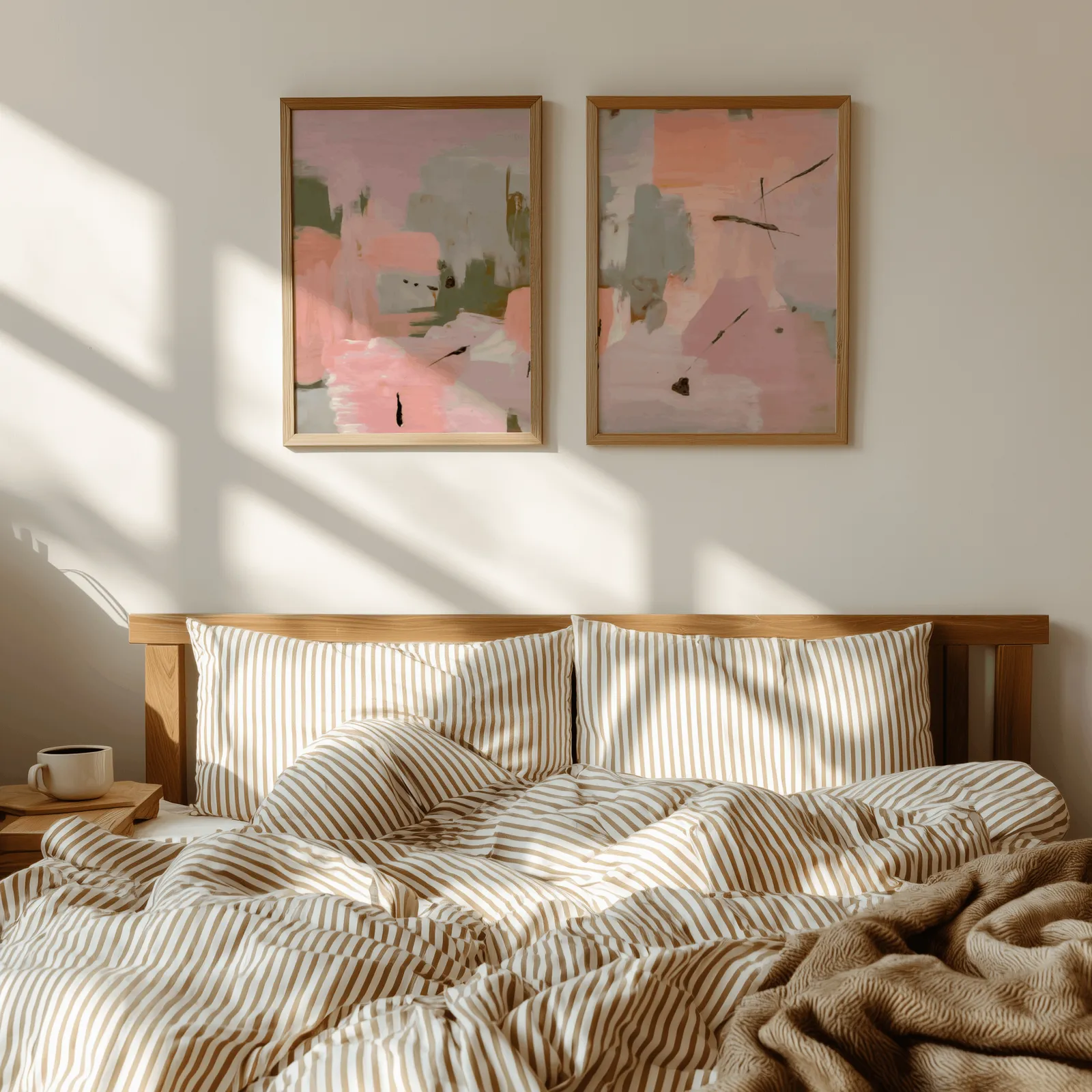 pink and green abstract wall art set of two, above a wooden headboard with striped bedding and raking sunlight