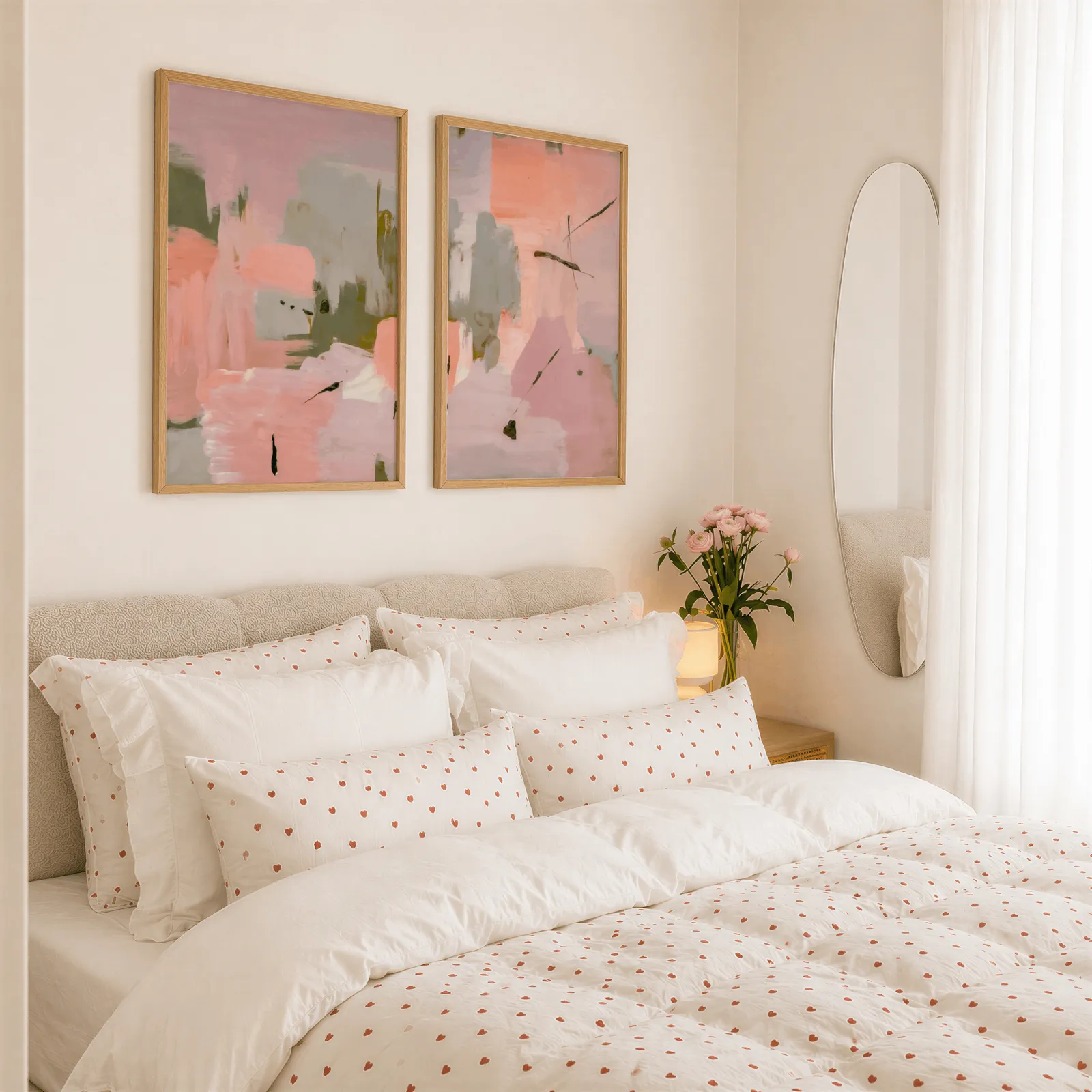 pink and green abstract wall art set of two, above a tufted headboard piled with heart-print pillows