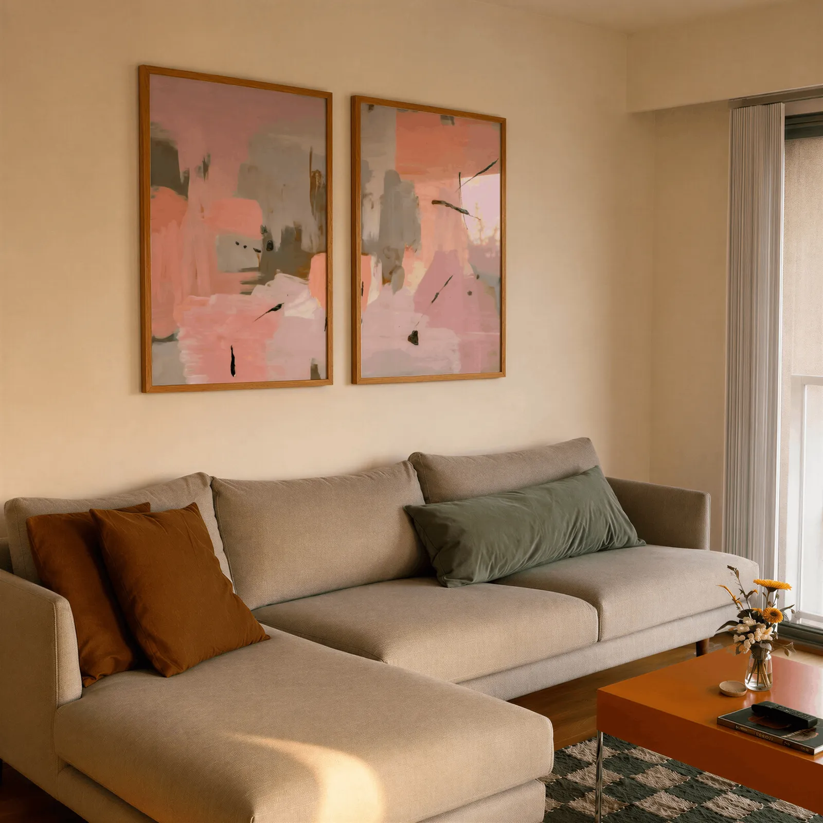 pink and green abstract wall art set of two, side by side above a beige sectional sofa