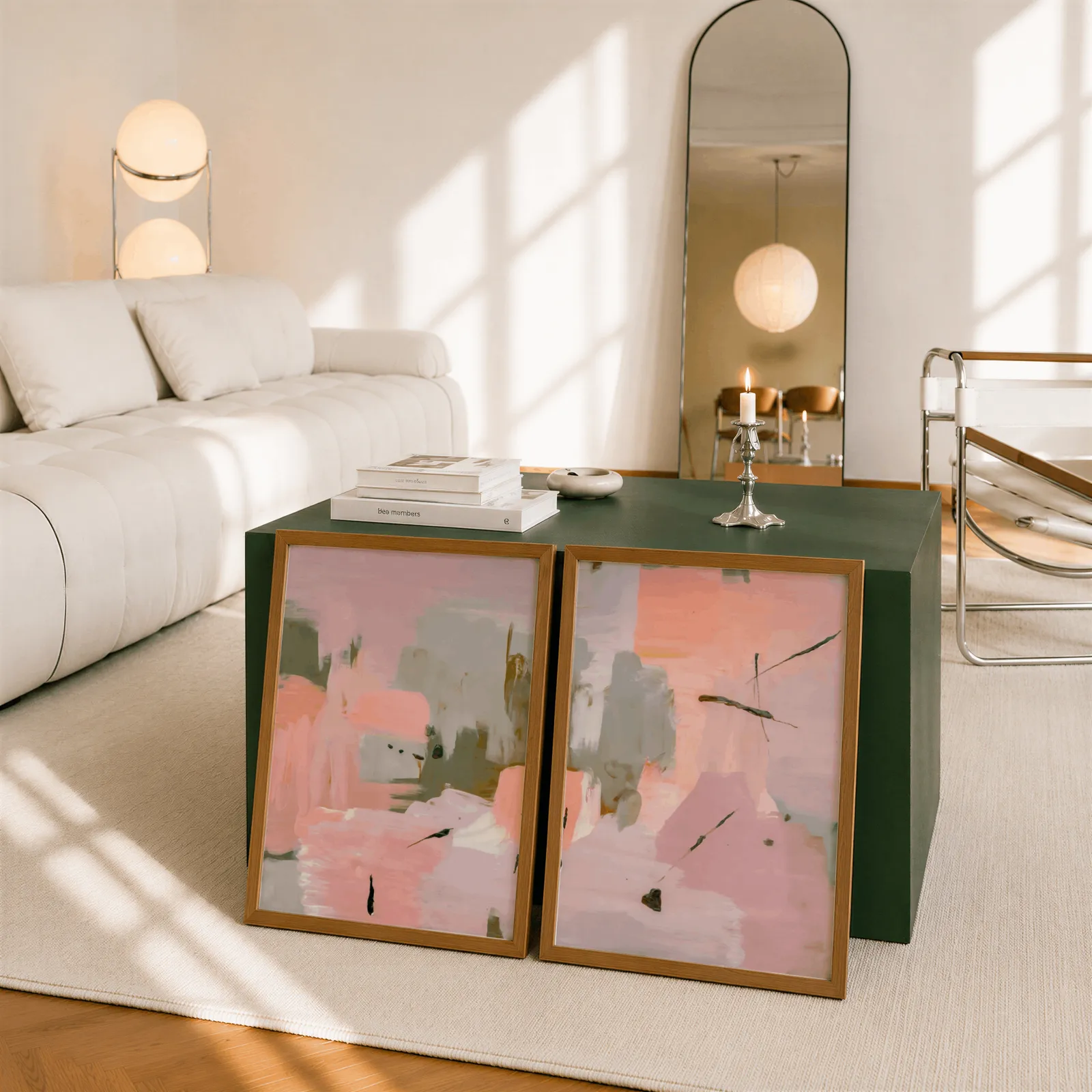 pink and green abstract wall art set of two, leaning against a dark green cube table beside an arched mirror
