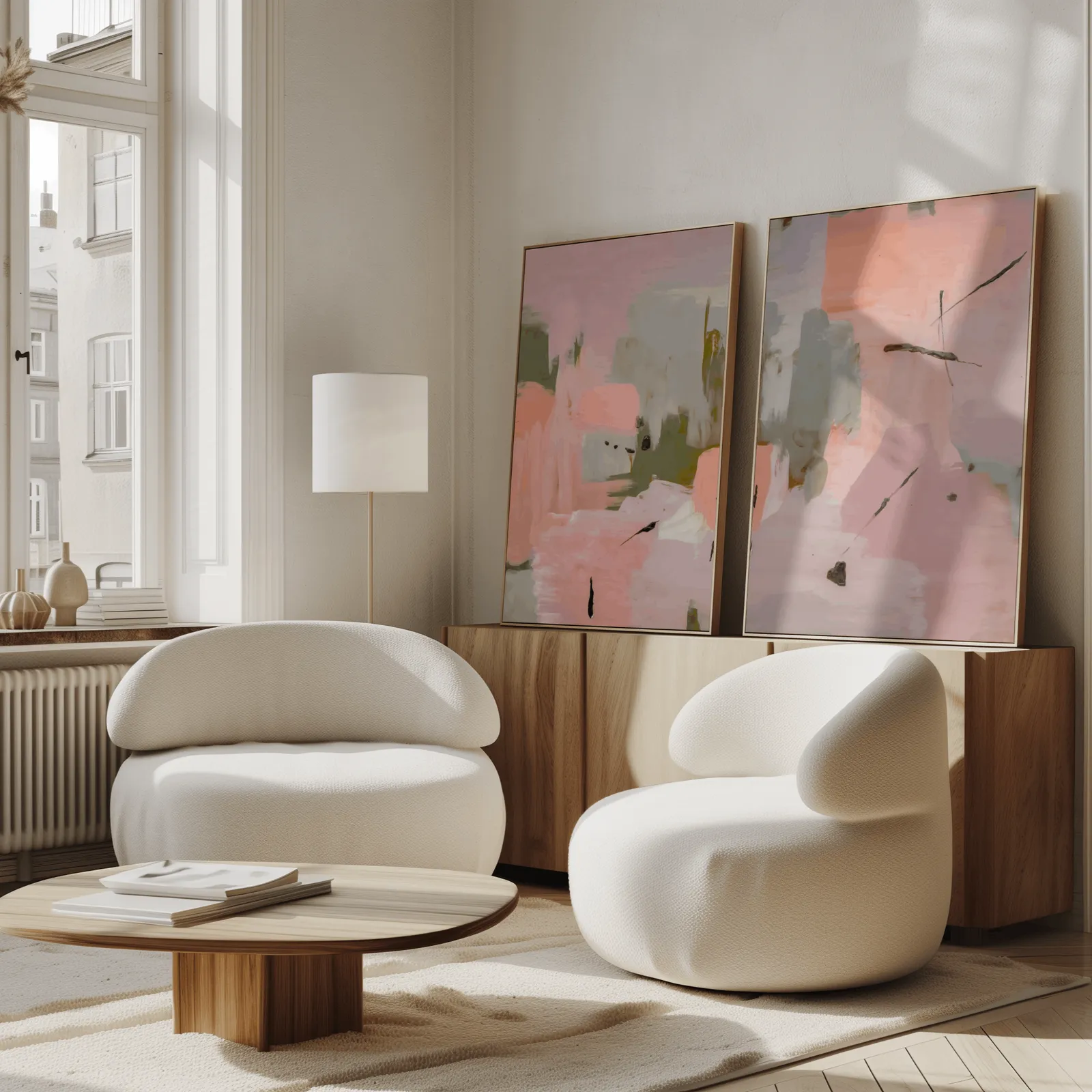 pink and green abstract wall art set of two, propped against a wooden sideboard beside boucle armchairs
