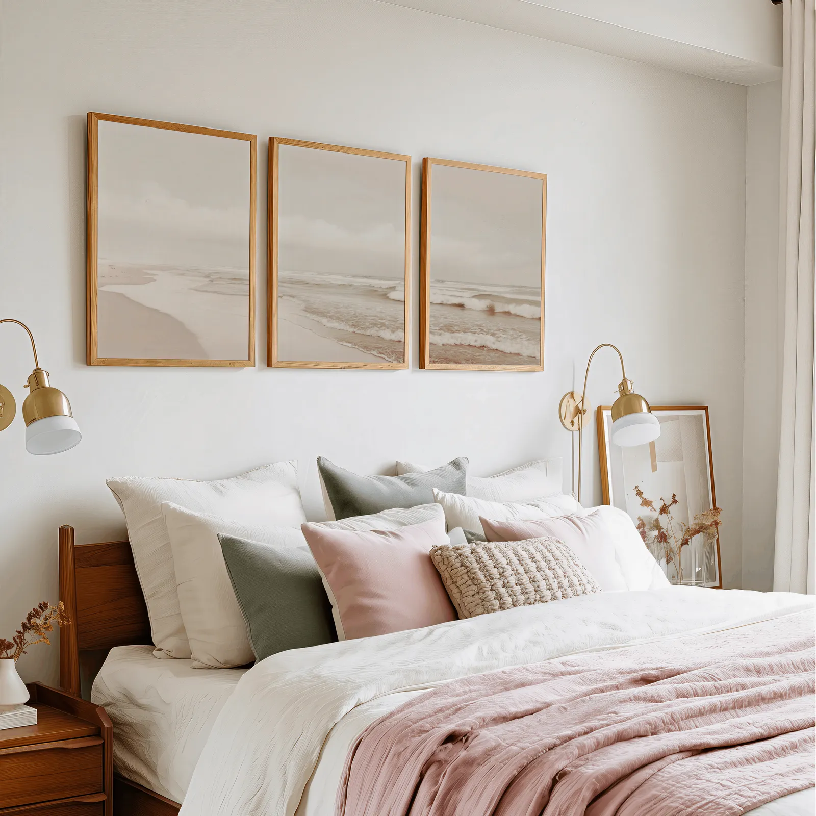 neutral coastal beach triptych wall art, in a row above a pink and cream bed with brass sconces