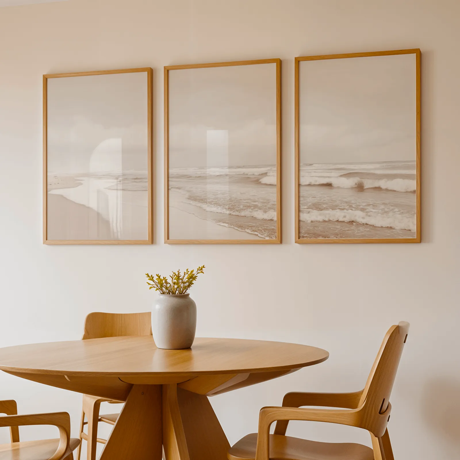 neutral coastal beach triptych wall art, above a round wooden table with a stoneware vase