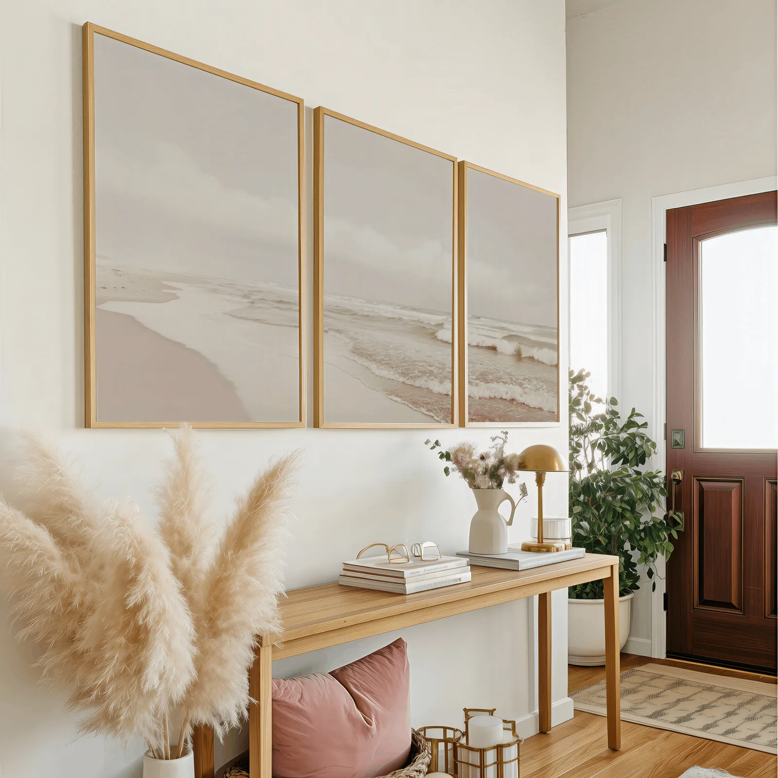 neutral coastal beach triptych wall art, above a wooden console table near the entry door
