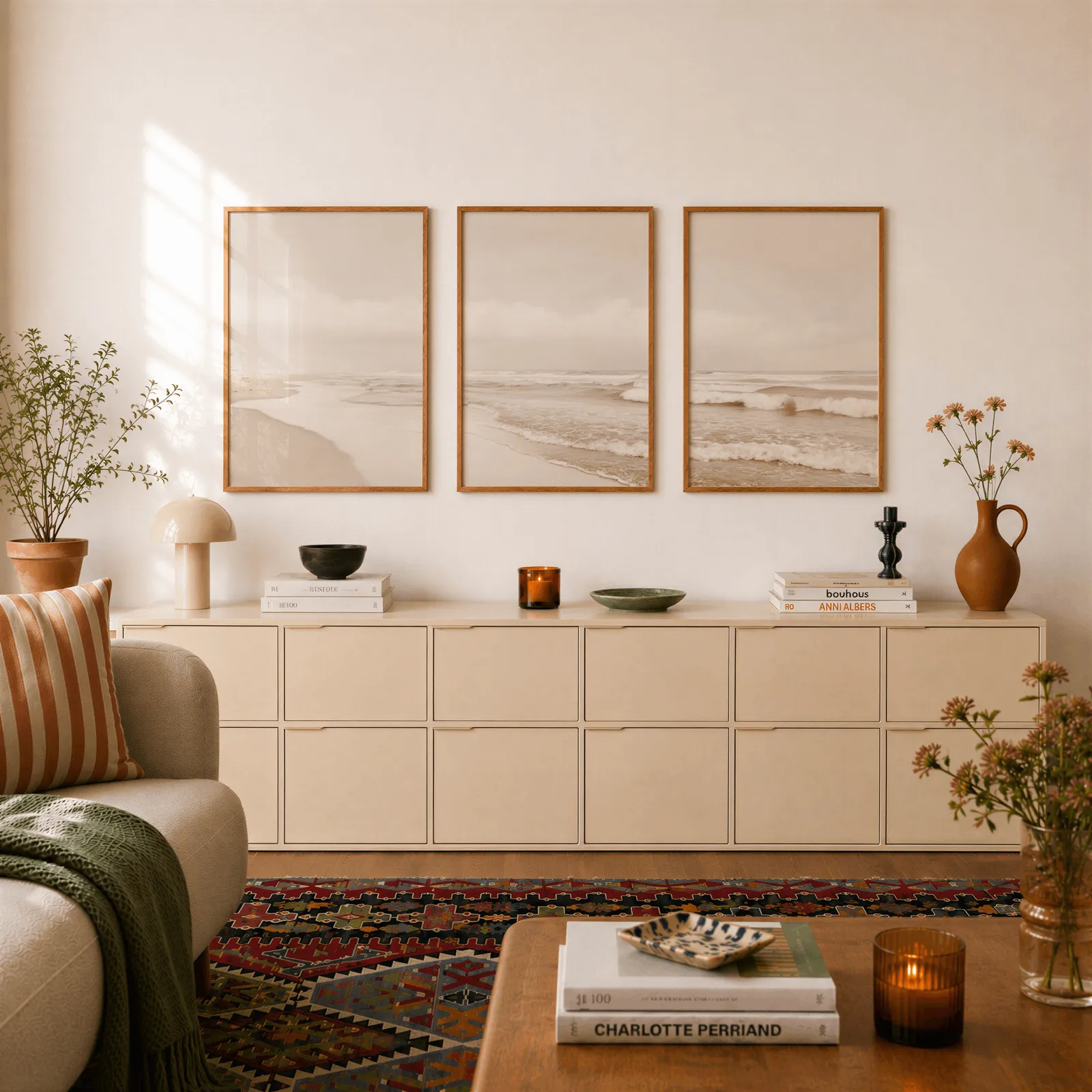 neutral coastal beach triptych wall art, above a long cream sideboard topped with books and a terracotta jug