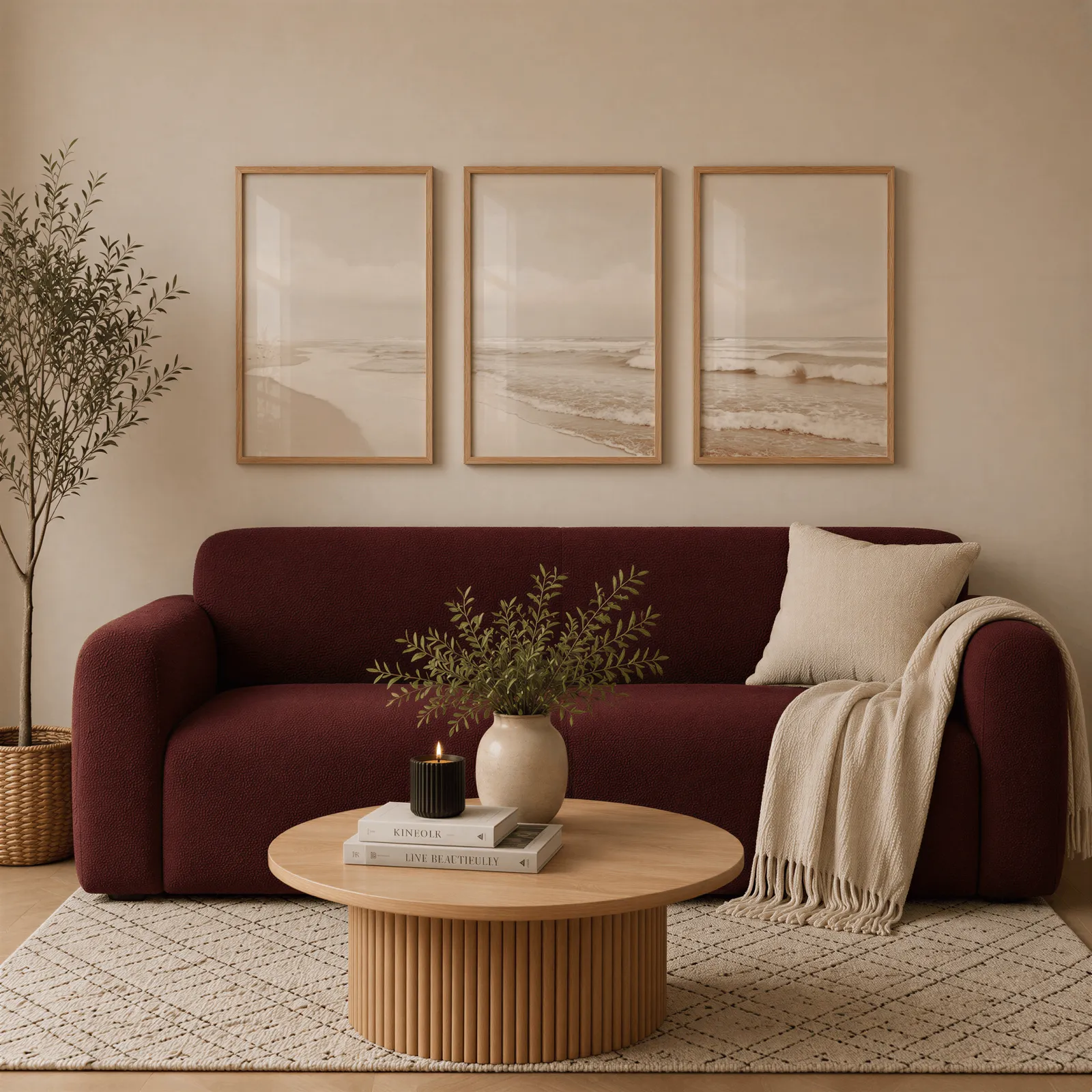 neutral coastal beach triptych wall art, above a burgundy boucle sofa with a cream throw